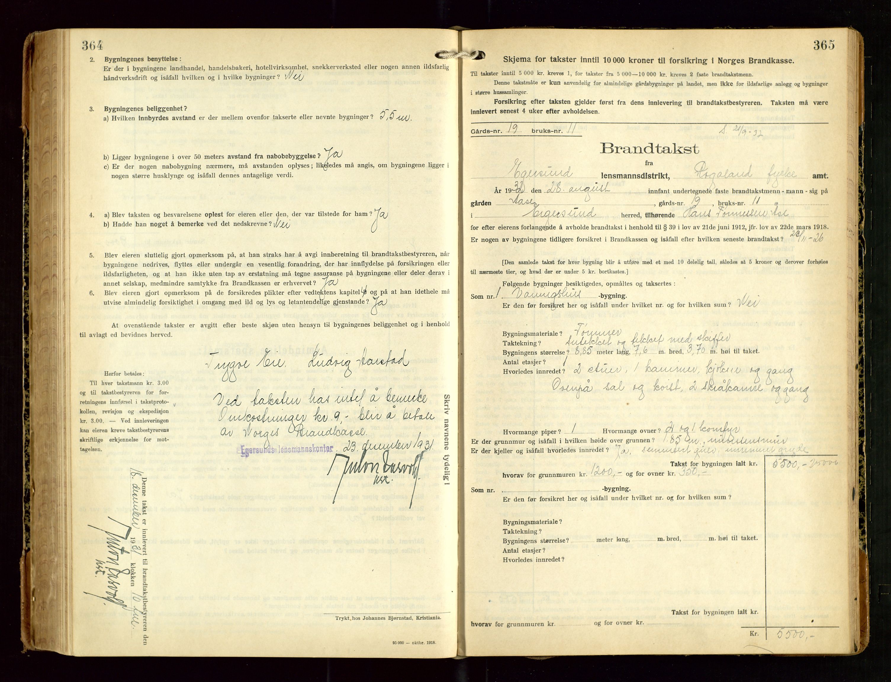 Eigersund lensmannskontor, SAST/A-100171/Gob/L0005: "Brandtakstprotokoll", 1925-1934, s. 364-365