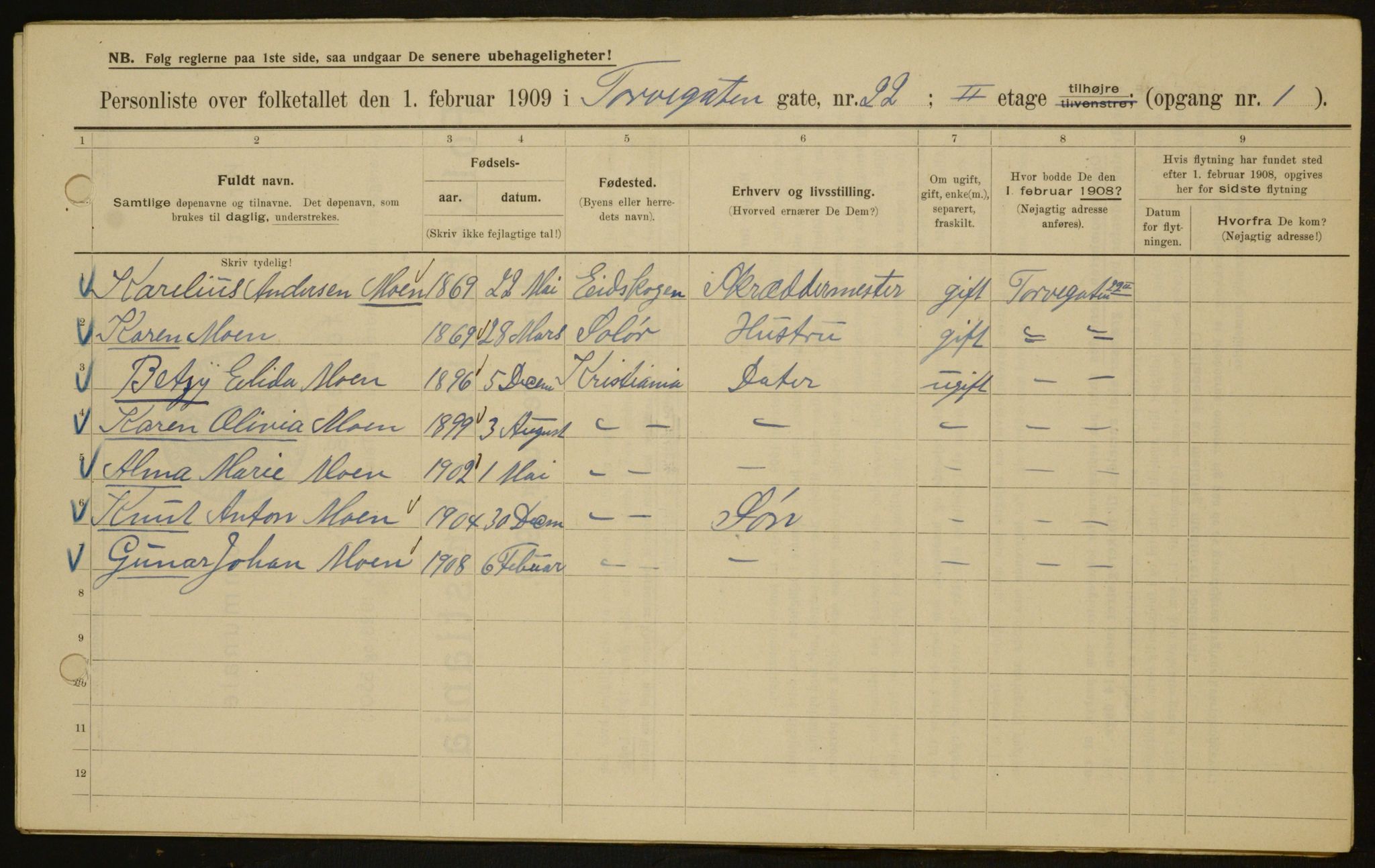 OBA, Kommunal folketelling 1.2.1909 for Kristiania kjøpstad, 1909, s. 103492