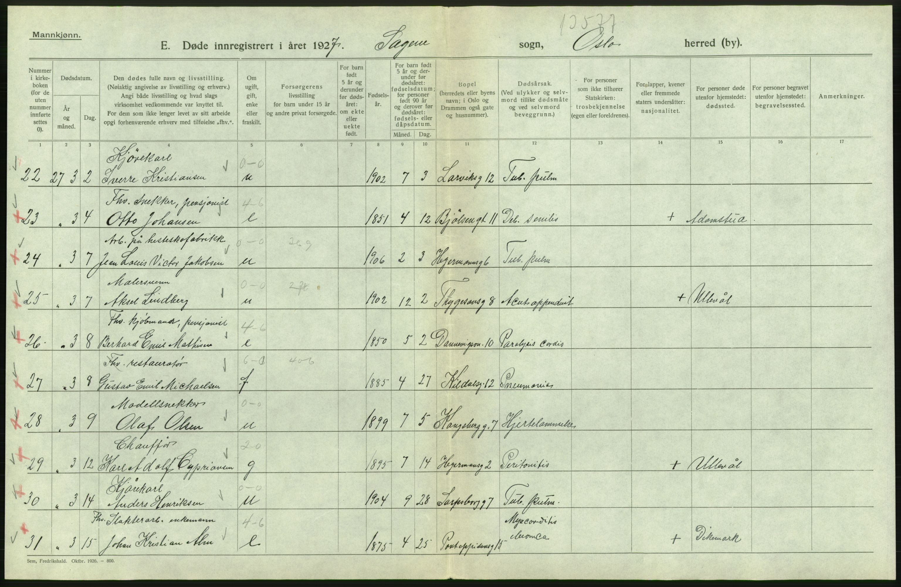 Statistisk sentralbyrå, Sosiodemografiske emner, Befolkning, AV/RA-S-2228/D/Df/Dfc/Dfcg/L0009: Oslo: Døde menn, 1927, s. 242