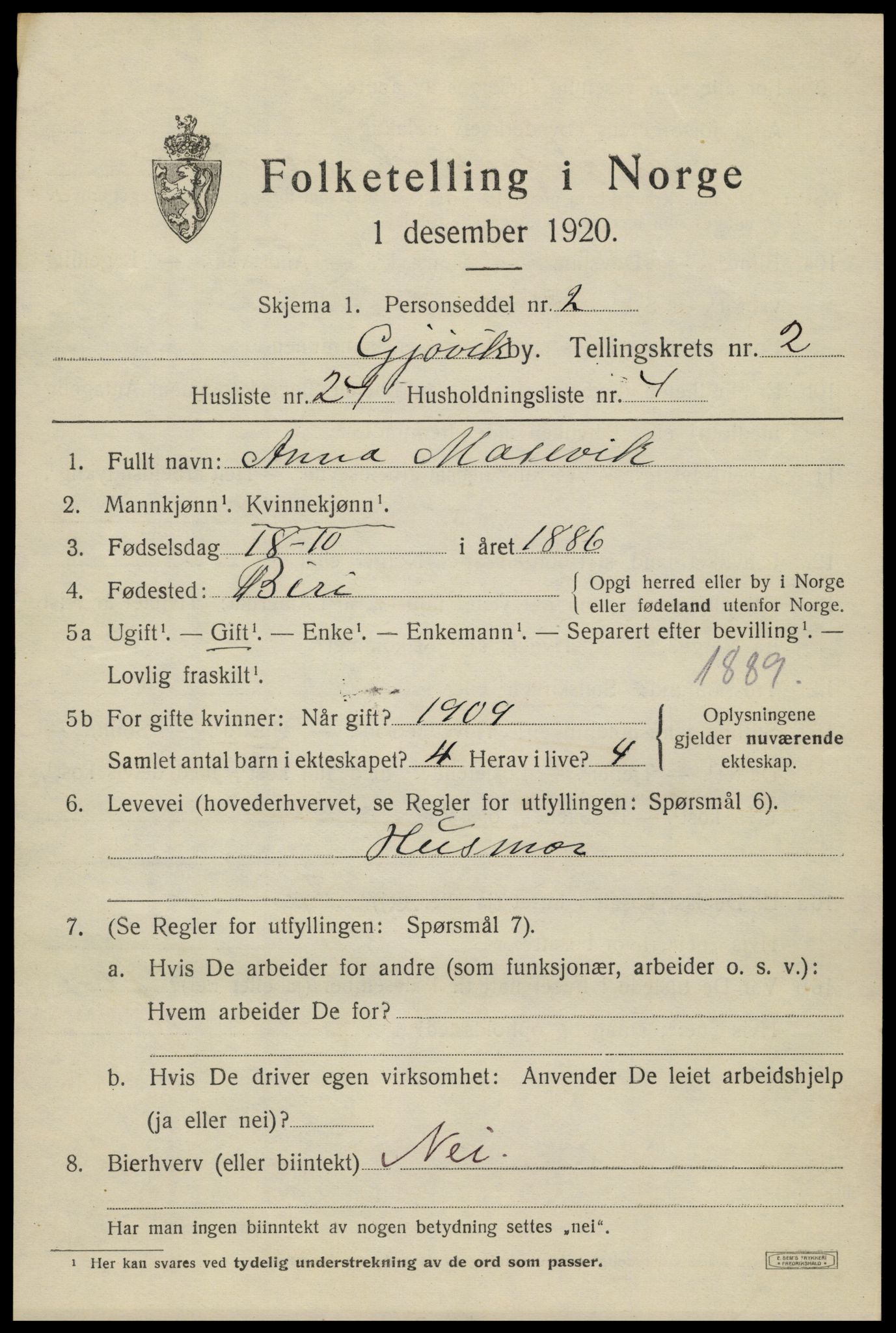 SAH, Folketelling 1920 for 0502 Gjøvik kjøpstad, 1920, s. 5164