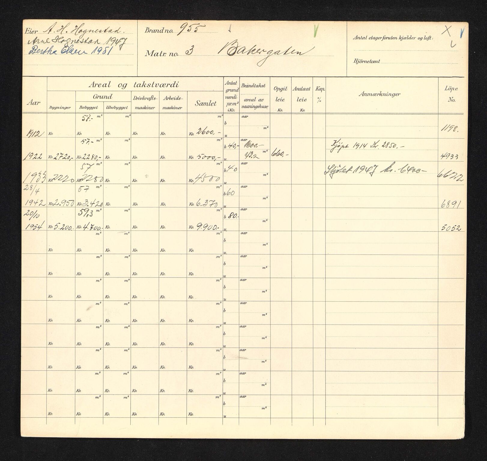 Stavanger kommune. Skattetakstvesenet, BYST/A-0440/F/Fa/Faa/L0003/0007: Skattetakstkort / Bakergata 1 -  Bakgata 17