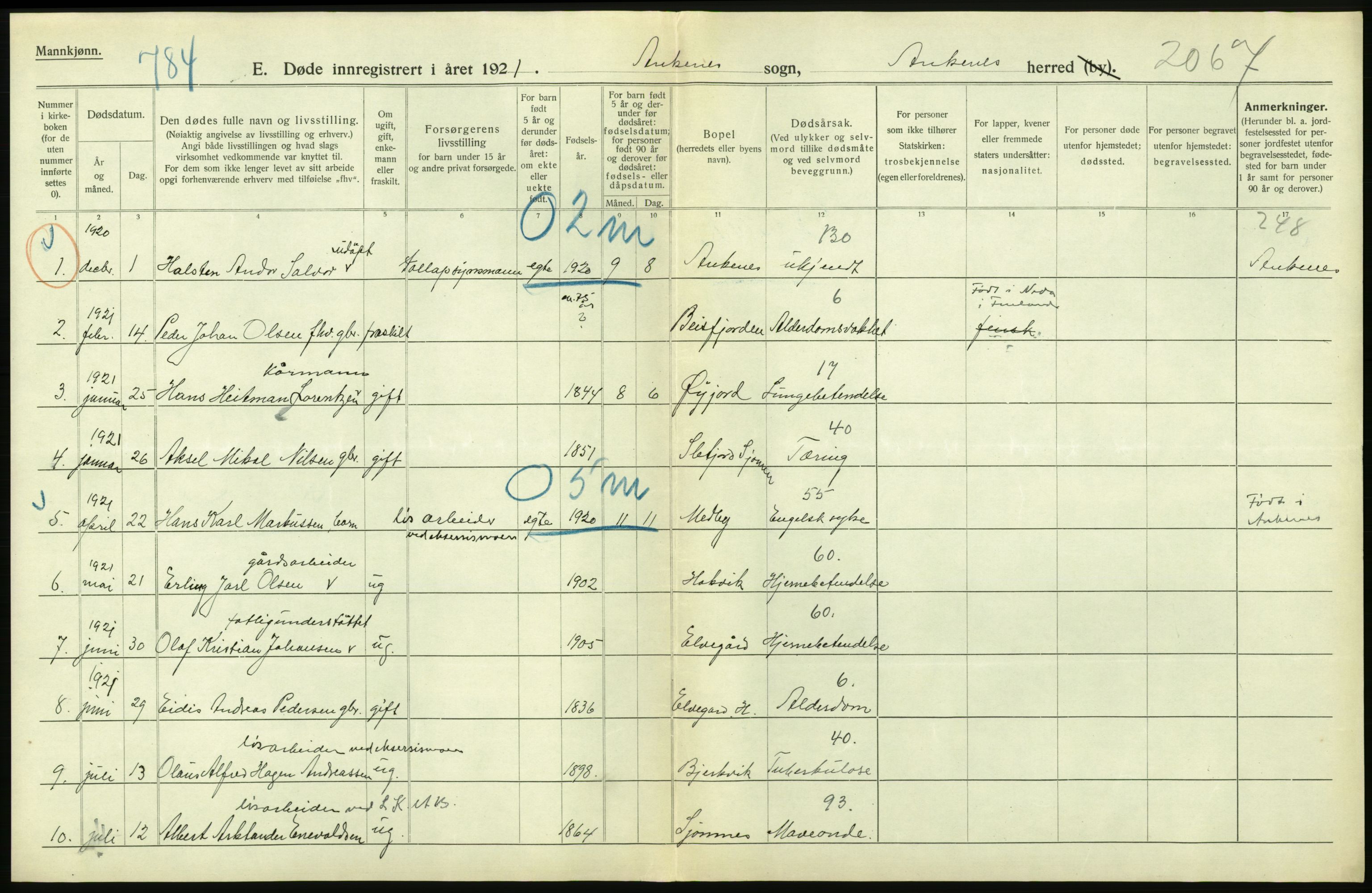 Statistisk sentralbyrå, Sosiodemografiske emner, Befolkning, AV/RA-S-2228/D/Df/Dfc/Dfca/L0051: Nordland fylke: Døde. Bygder og byer., 1921