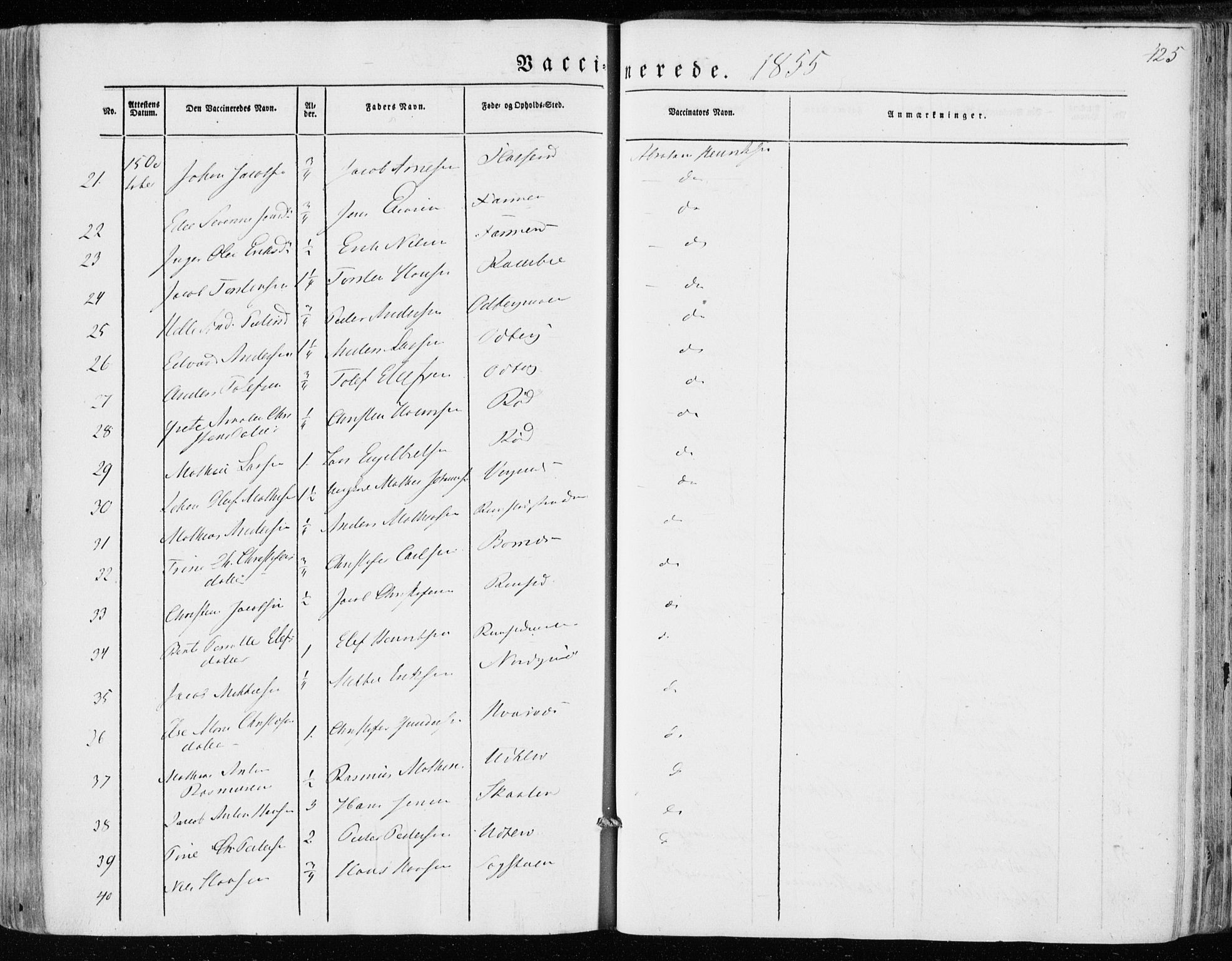 Hedrum kirkebøker, AV/SAKO-A-344/F/Fa/L0006: Ministerialbok nr. I 6, 1849-1857, s. 425