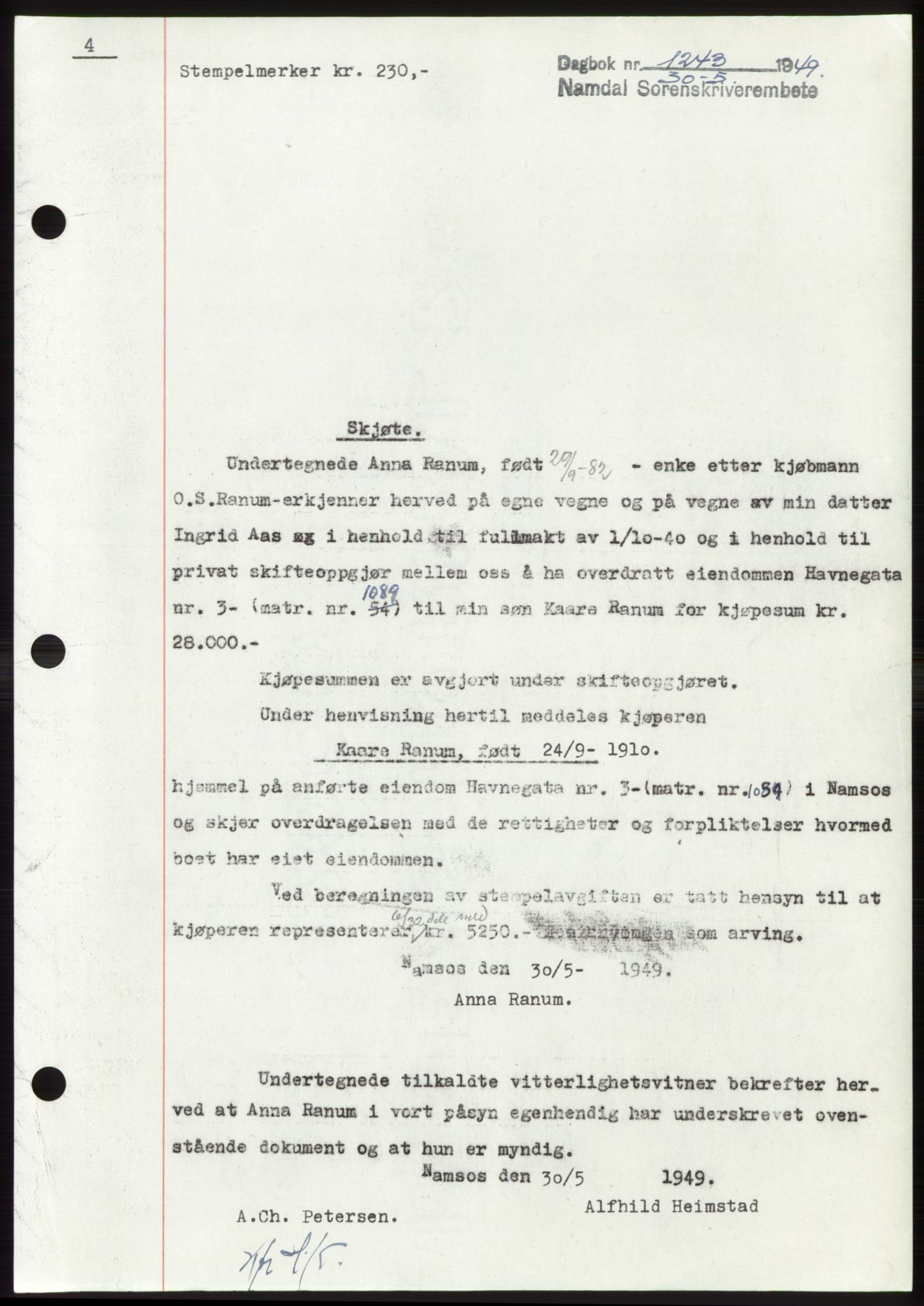 Namdal sorenskriveri, SAT/A-4133/1/2/2C: Pantebok nr. -, 1949-1949, Dagboknr: 1243/1949