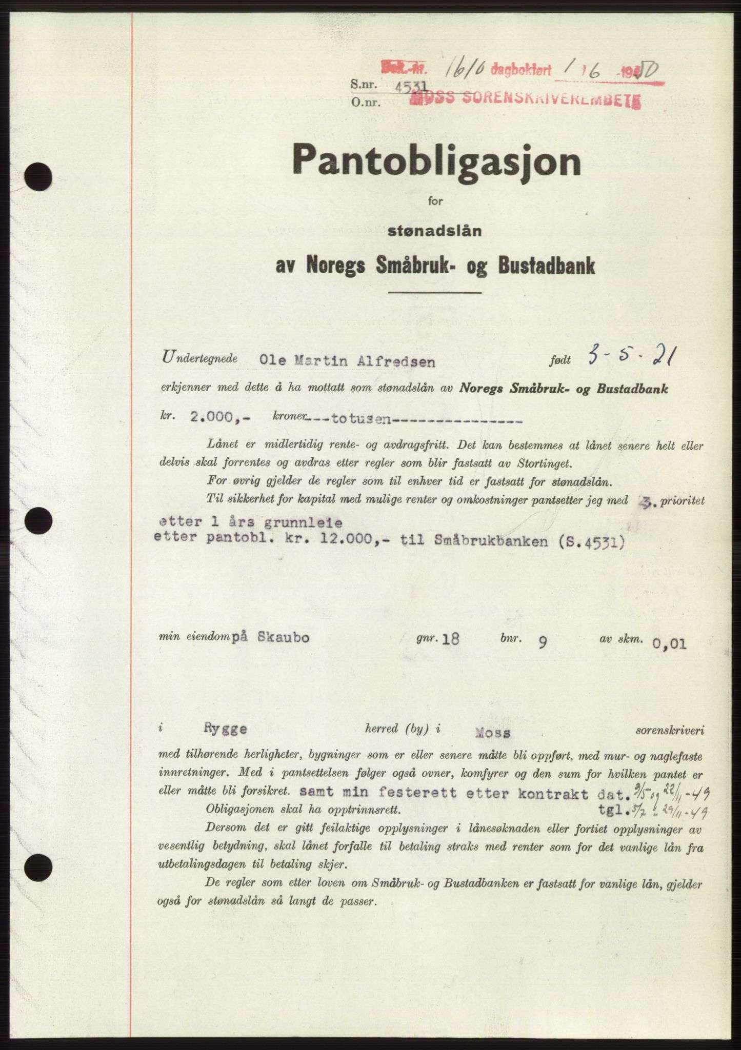 Moss sorenskriveri, AV/SAO-A-10168: Pantebok nr. B24, 1950-1950, Dagboknr: 1610/1950