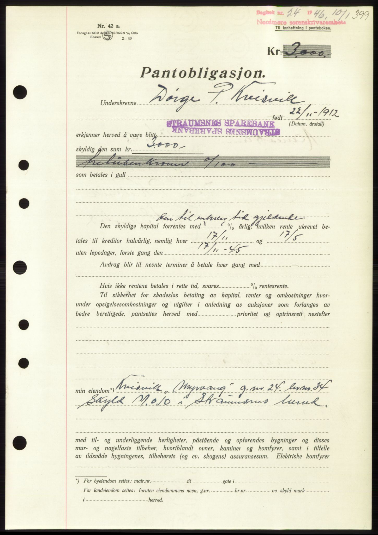 Nordmøre sorenskriveri, SAT/A-4132/1/2/2Ca: Pantebok nr. B93b, 1946-1946, Dagboknr: 24/1946