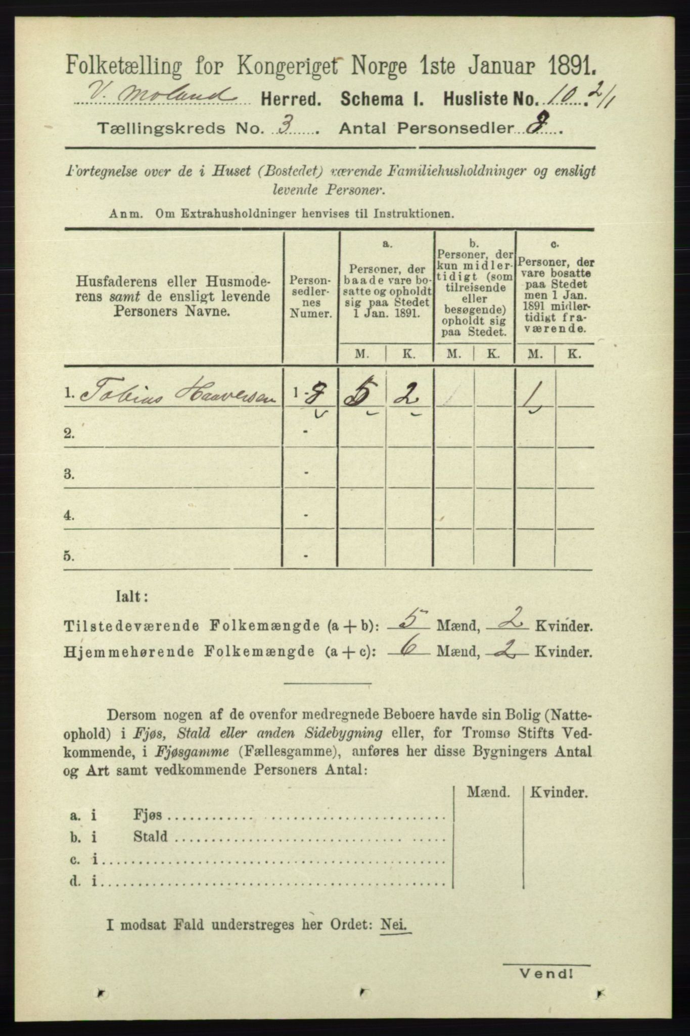 RA, Folketelling 1891 for 0926 Vestre Moland herred, 1891, s. 931