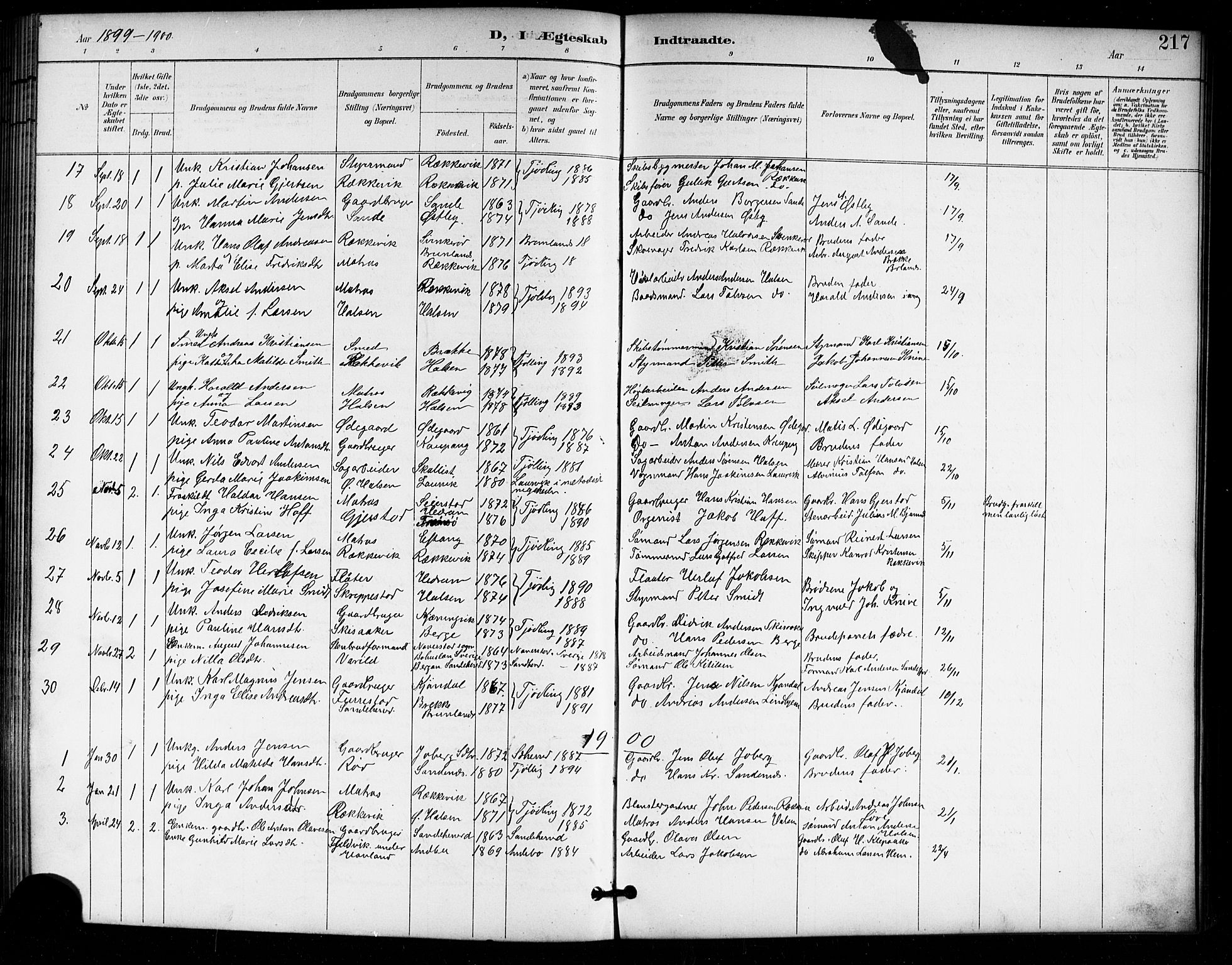 Tjølling kirkebøker, AV/SAKO-A-60/G/Ga/L0002: Klokkerbok nr. 2, 1895-1918, s. 217