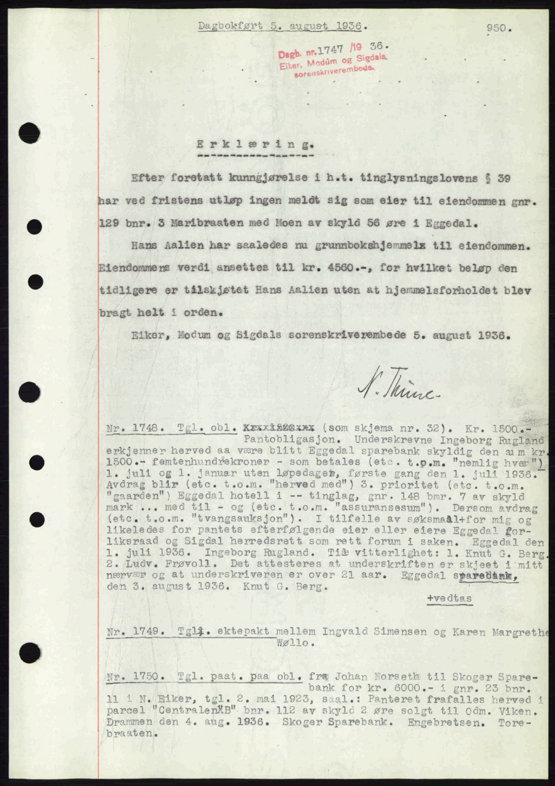 Eiker, Modum og Sigdal sorenskriveri, SAKO/A-123/G/Ga/Gab/L0032: Pantebok nr. A2, 1936-1936, Dagboknr: 1747/1936