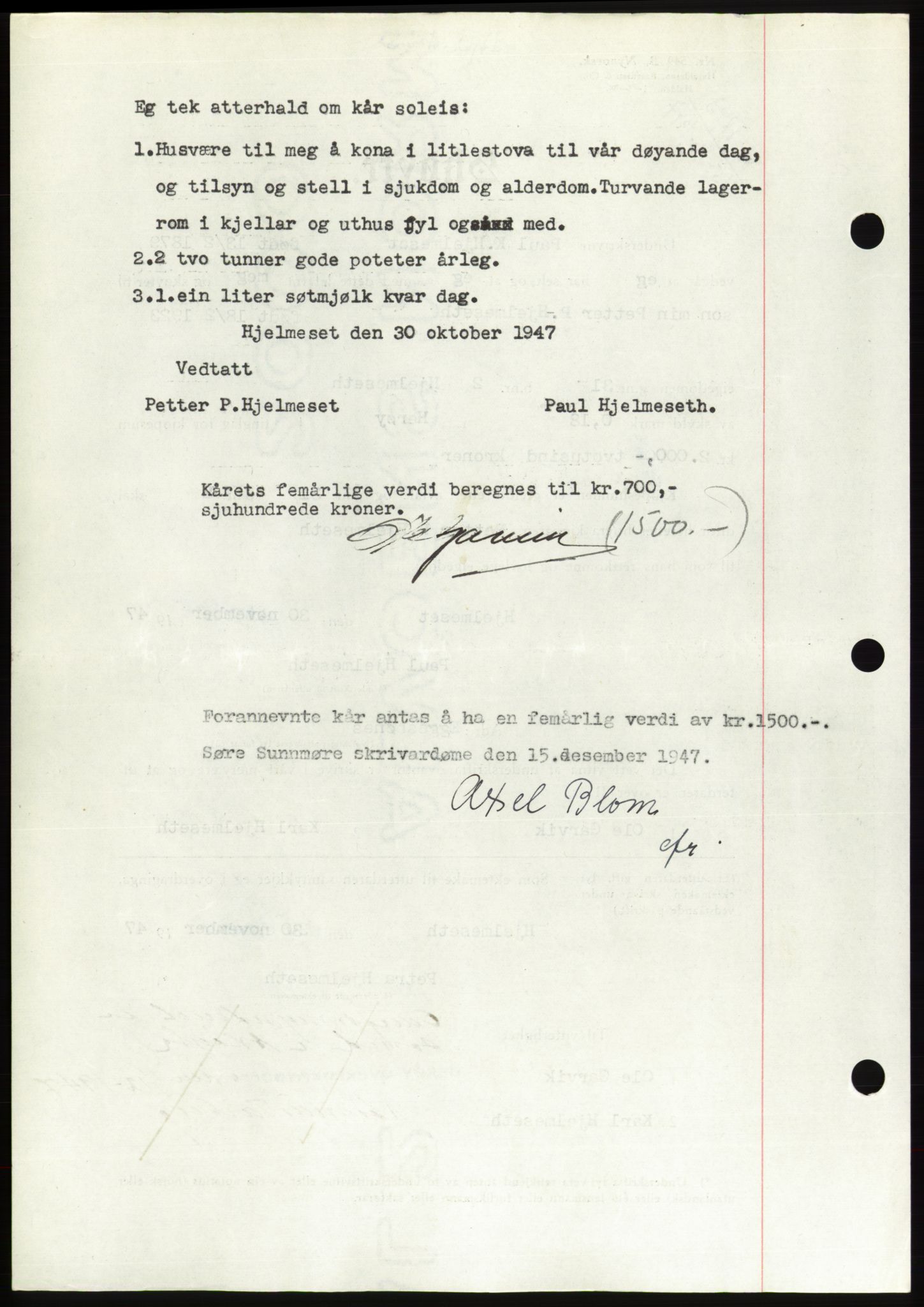 Søre Sunnmøre sorenskriveri, AV/SAT-A-4122/1/2/2C/L0081: Pantebok nr. 7A, 1947-1948, Dagboknr: 1843/1947