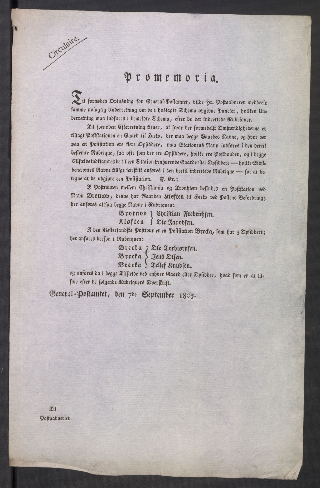 Generalpostdireksjonen 1719-1814, AV/RA-EA-3108/E/L0037/0001: Forskjellig angående postveier, embetssøknader, postryttere m.m.: / Nr. 35: Innberetninger om postveienes tilstand og betenkninger om postgangens tid, 1805