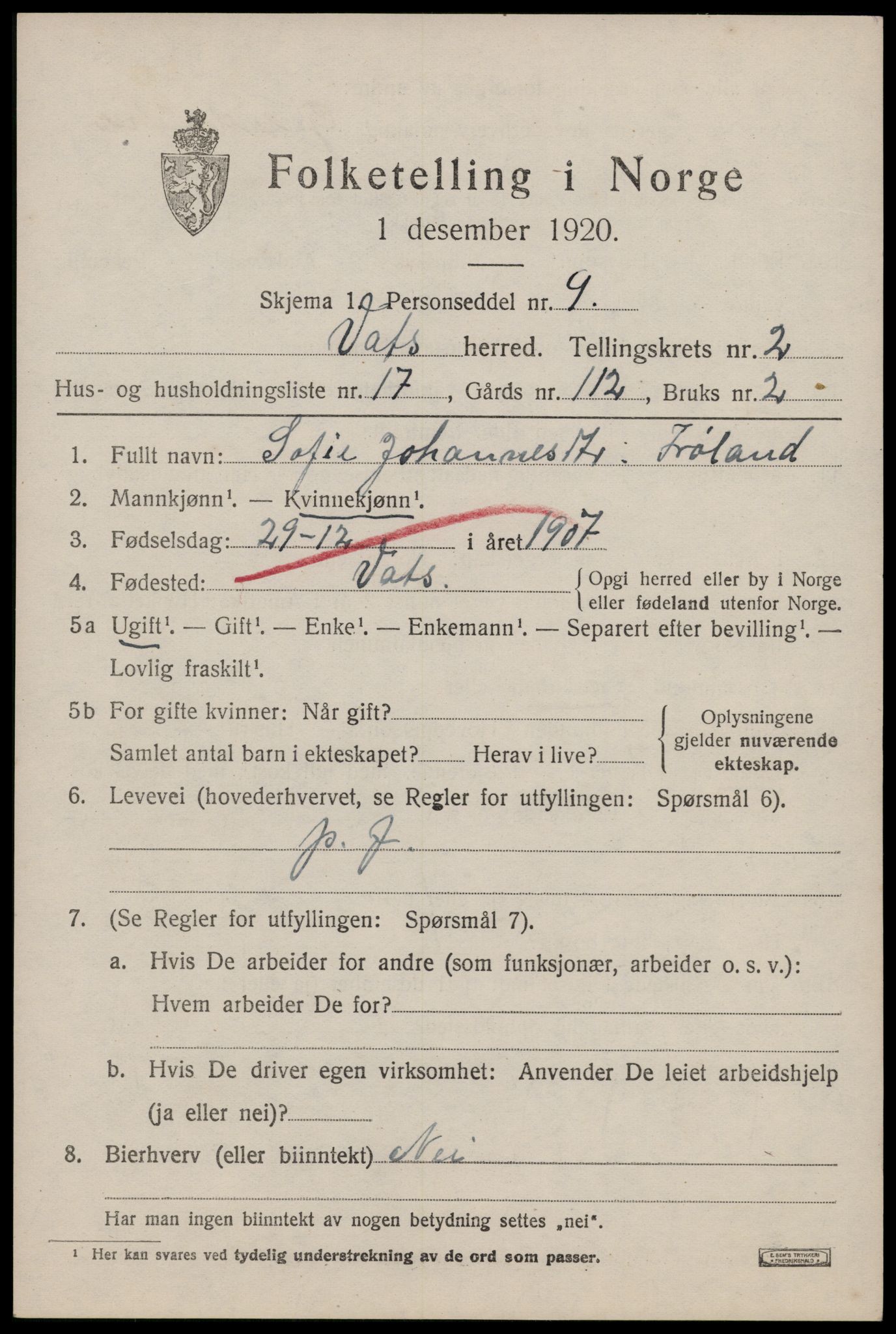 SAST, Folketelling 1920 for 1155 Vats herred, 1920, s. 983