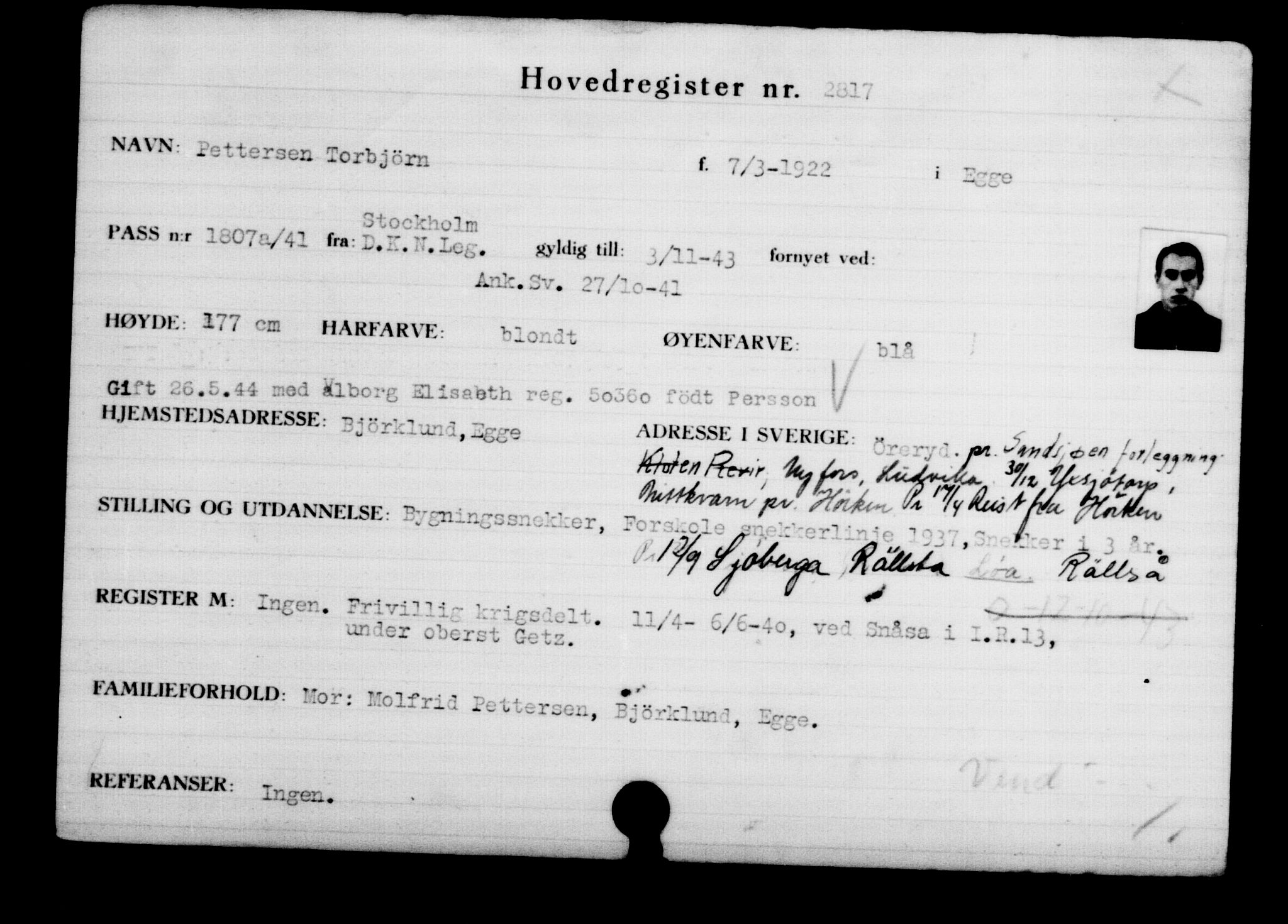 Den Kgl. Norske Legasjons Flyktningskontor, RA/S-6753/V/Va/L0003: Kjesäterkartoteket.  Flyktningenr. 2001-3495, 1940-1945, s. 1213