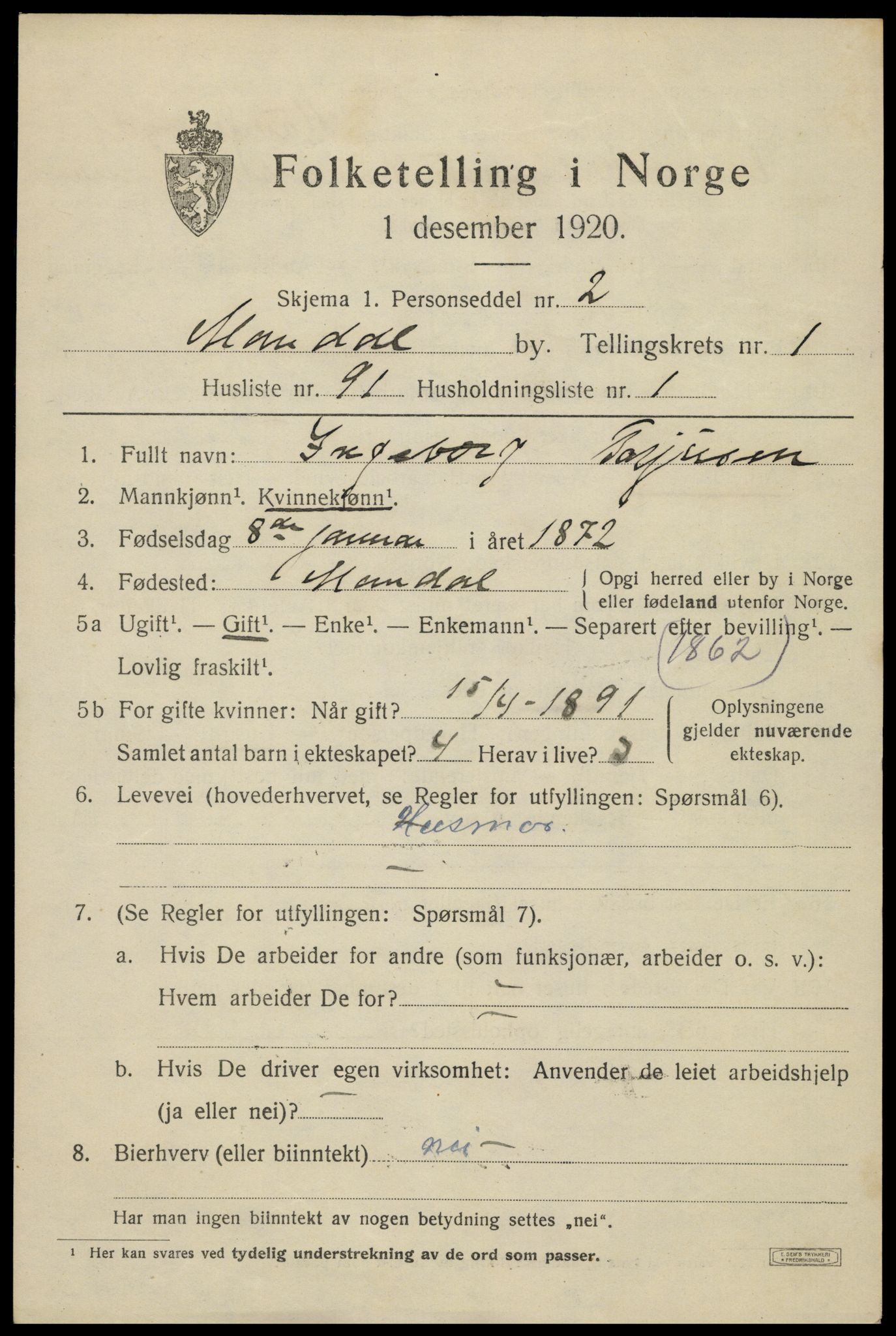 SAK, Folketelling 1920 for 1002 Mandal ladested, 1920, s. 4183