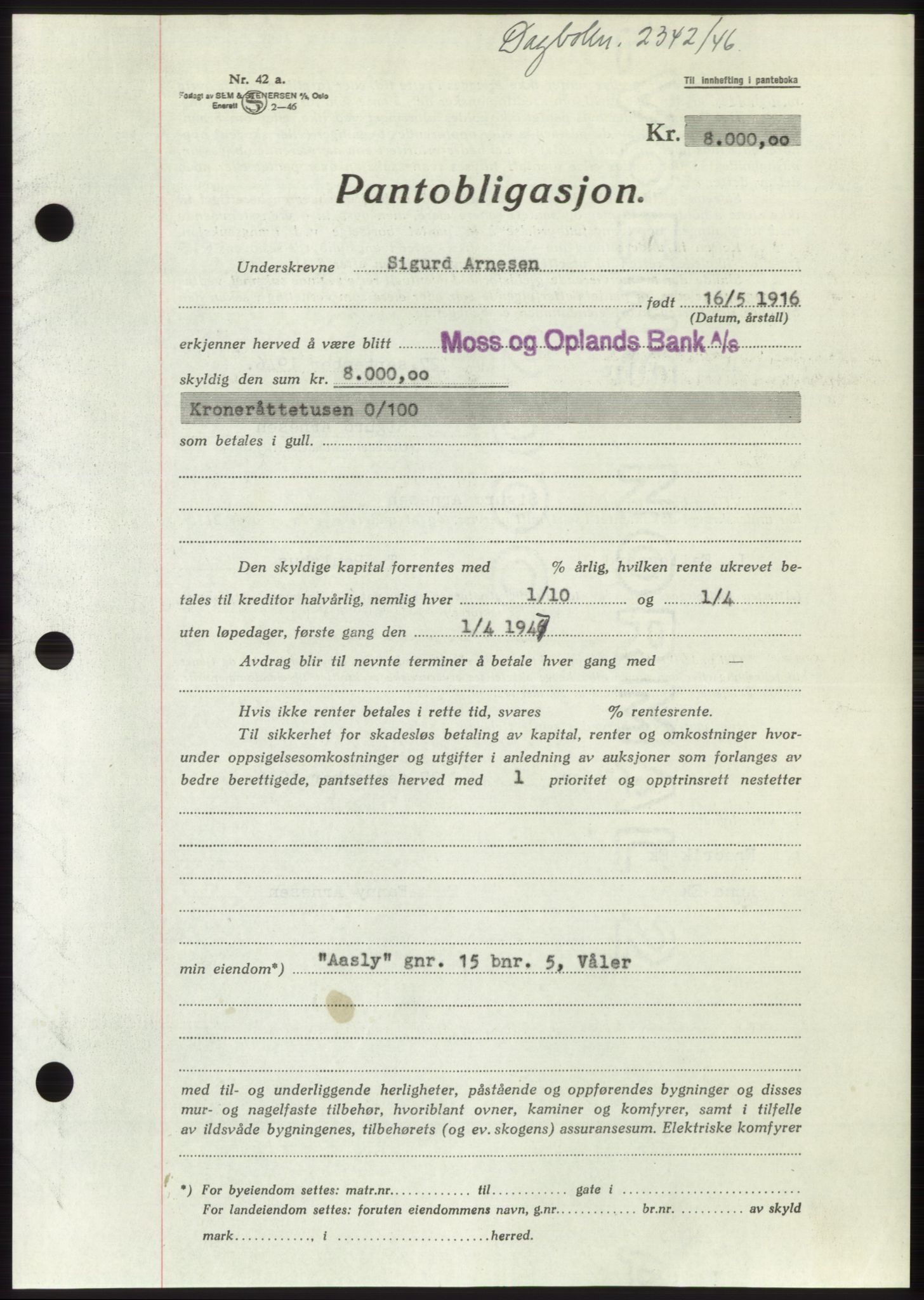 Moss sorenskriveri, SAO/A-10168: Pantebok nr. B16, 1946-1947, Dagboknr: 2342/1946