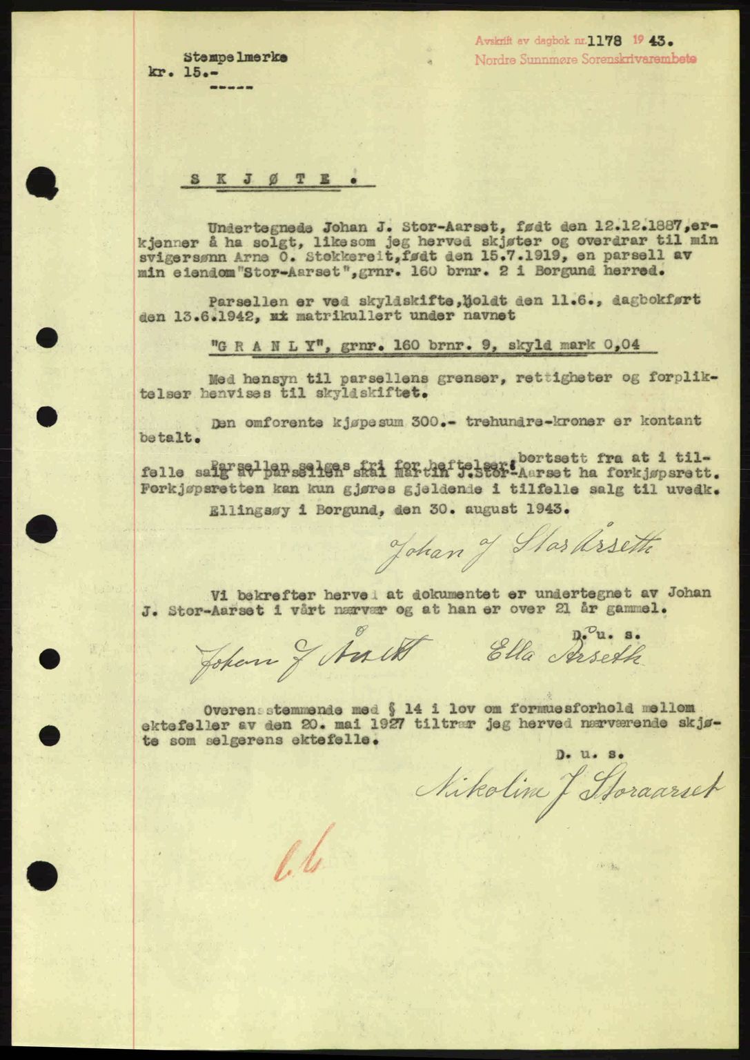 Nordre Sunnmøre sorenskriveri, SAT/A-0006/1/2/2C/2Ca: Pantebok nr. A16, 1943-1943, Dagboknr: 1178/1943