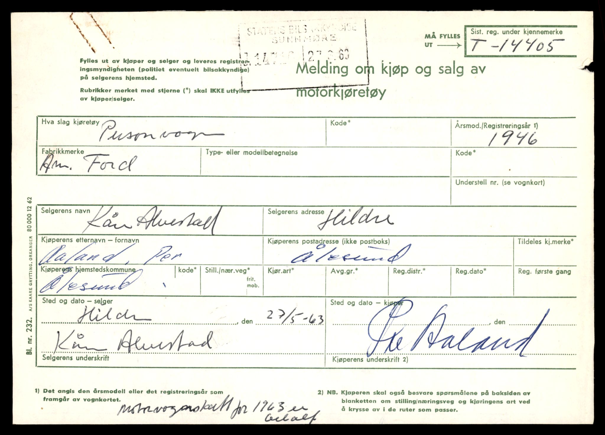 Møre og Romsdal vegkontor - Ålesund trafikkstasjon, AV/SAT-A-4099/F/Fe/L0045: Registreringskort for kjøretøy T 14320 - T 14444, 1927-1998, s. 2175