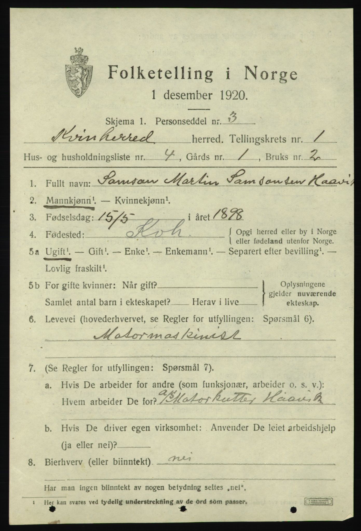 SAB, Folketelling 1920 for 1224 Kvinnherad herred, 1920, s. 3784