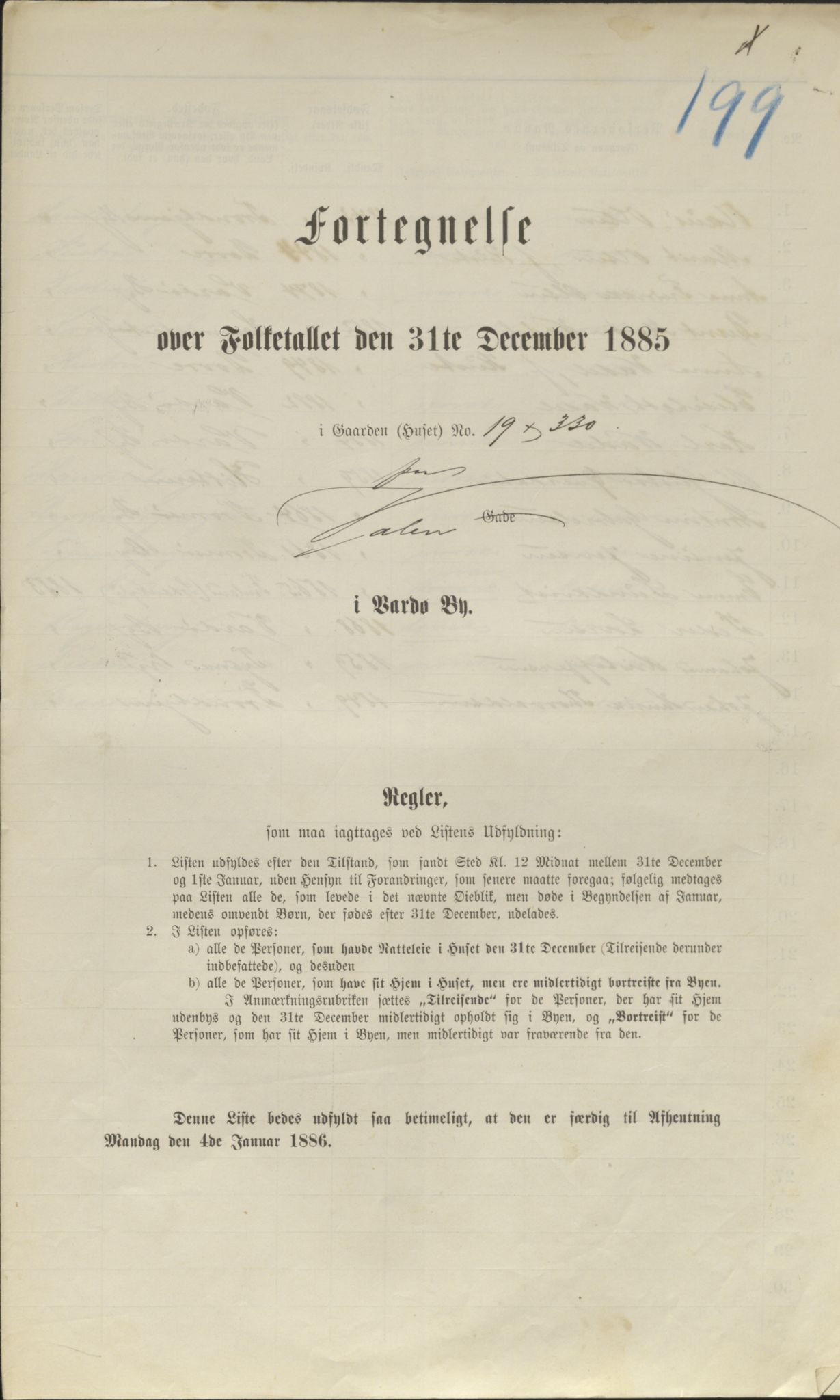 SATØ, Folketelling 1885 for 2002 Vardø kjøpstad, 1885, s. 199a