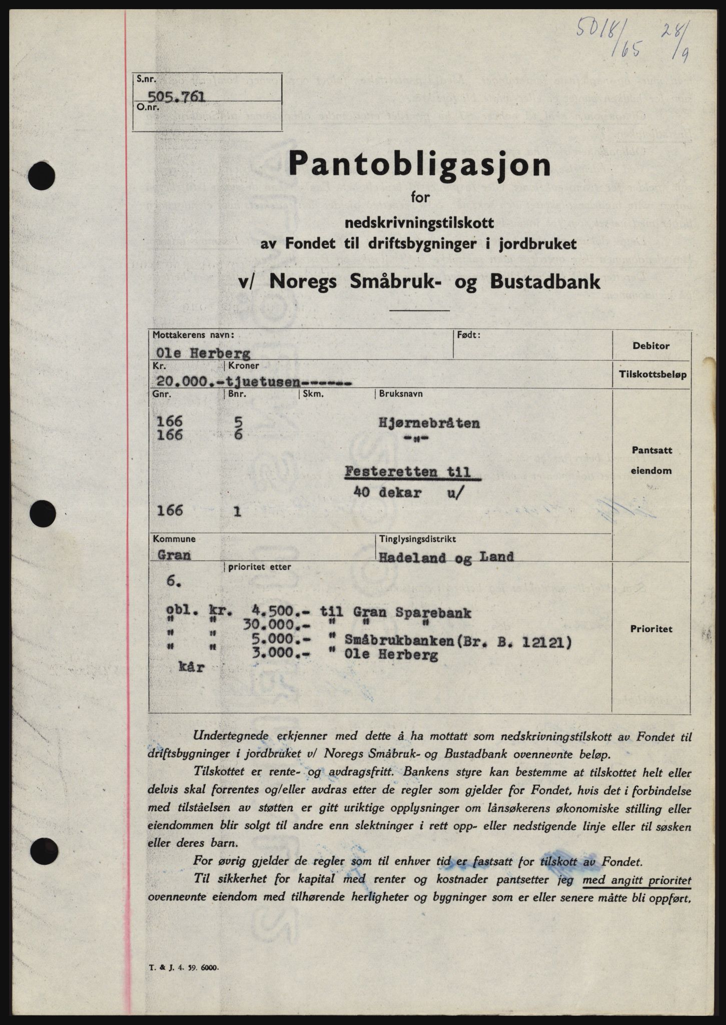 Hadeland og Land tingrett, SAH/TING-010/H/Hb/Hbc/L0060: Pantebok nr. B60, 1965-1965, Dagboknr: 5018/1965