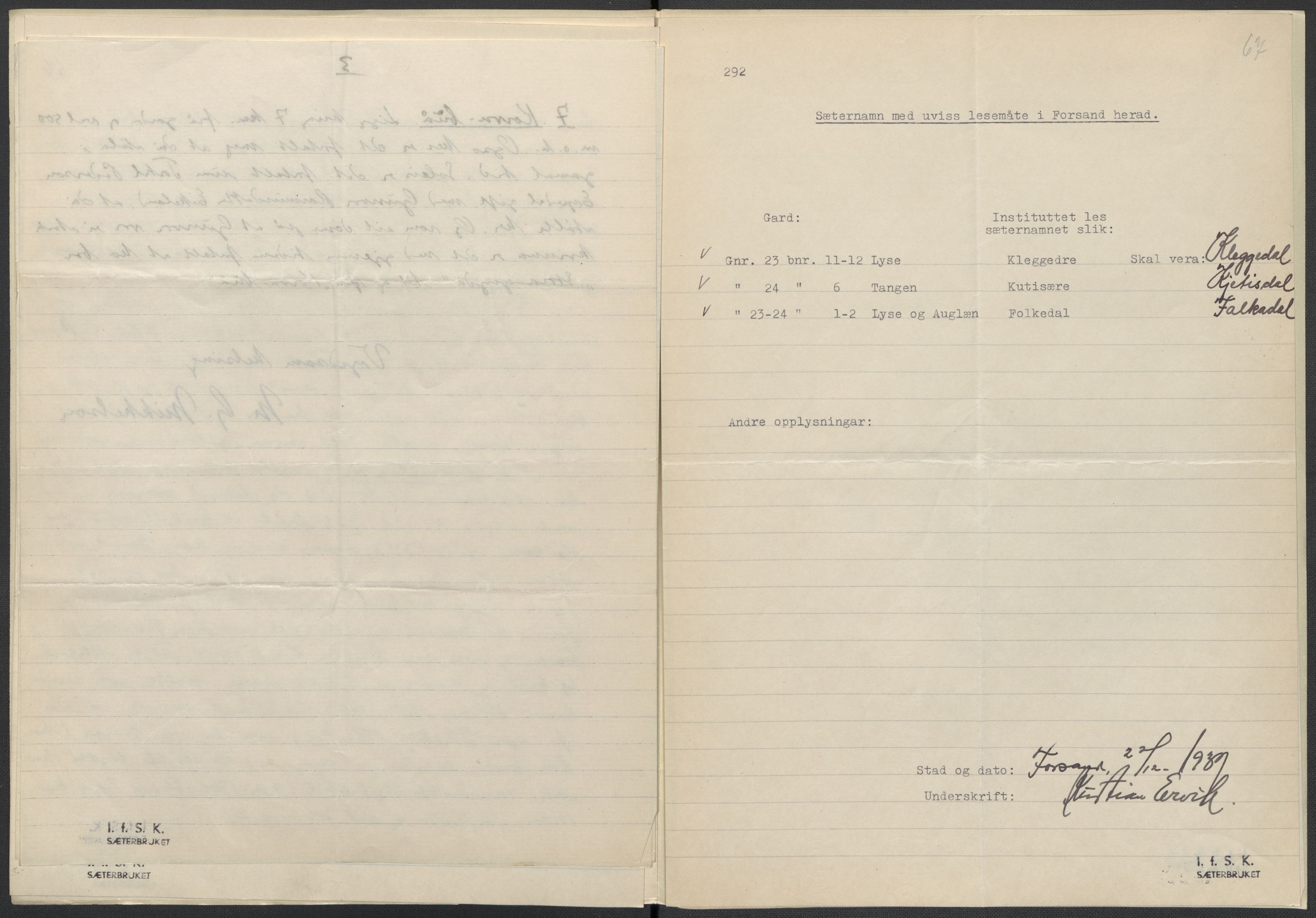 Instituttet for sammenlignende kulturforskning, AV/RA-PA-0424/F/Fc/L0009/0002: Eske B9: / Rogaland (perm XXIII), 1932-1938, s. 67