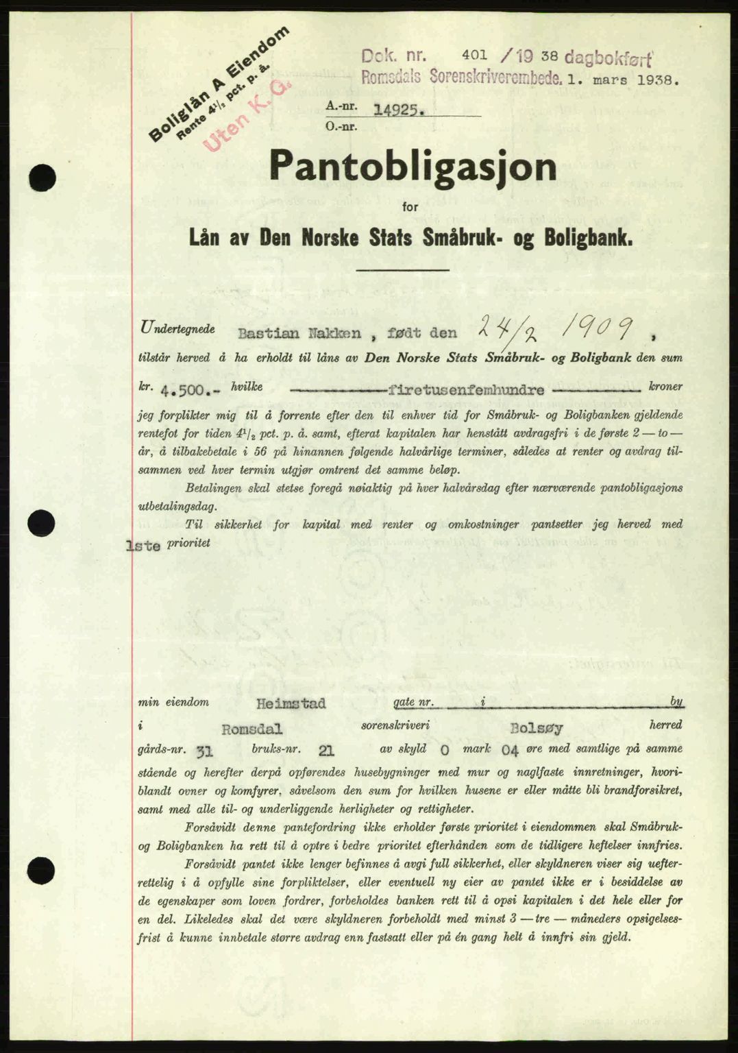 Romsdal sorenskriveri, SAT/A-4149/1/2/2C: Pantebok nr. B1, 1936-1939, Dagboknr: 401/1938