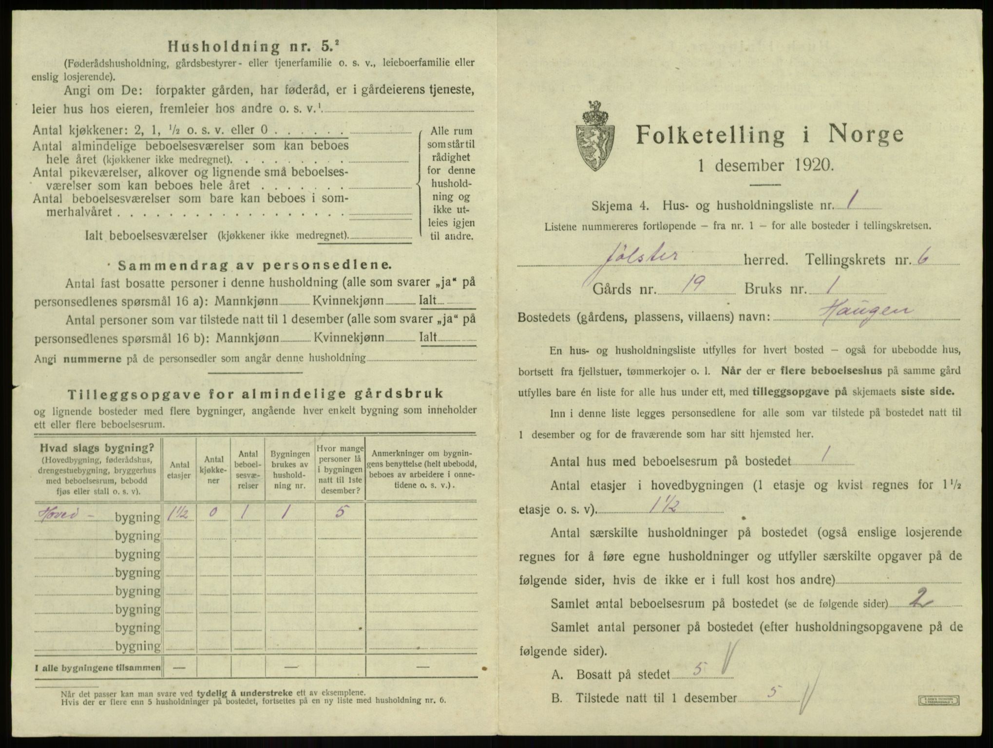 SAB, Folketelling 1920 for 1431 Jølster herred, 1920, s. 396