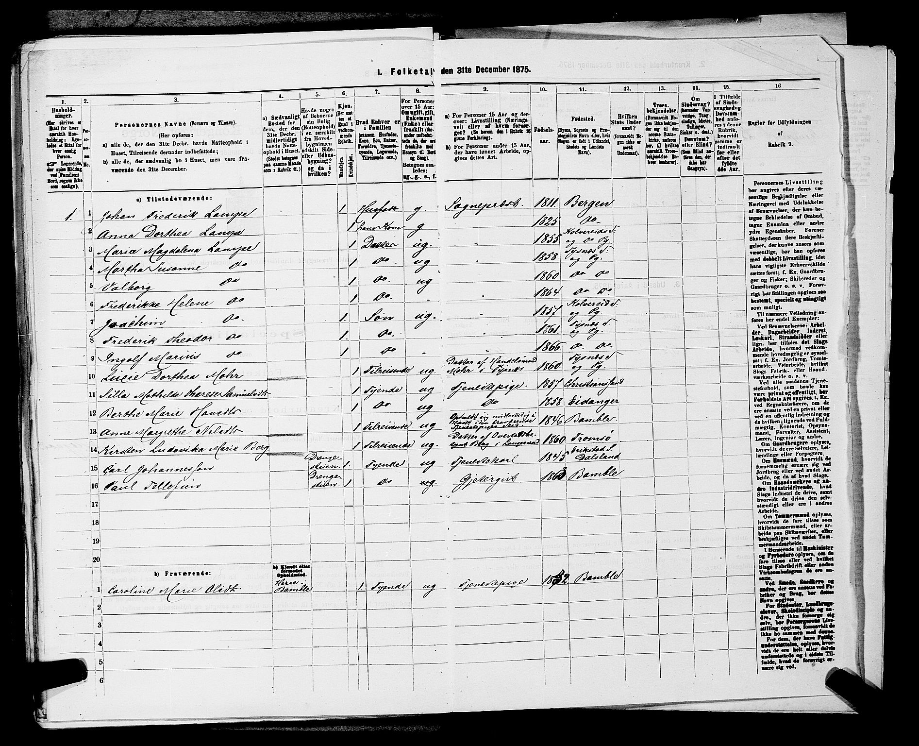 SAKO, Folketelling 1875 for 0814L Bamble prestegjeld, Bamble sokn, 1875, s. 855
