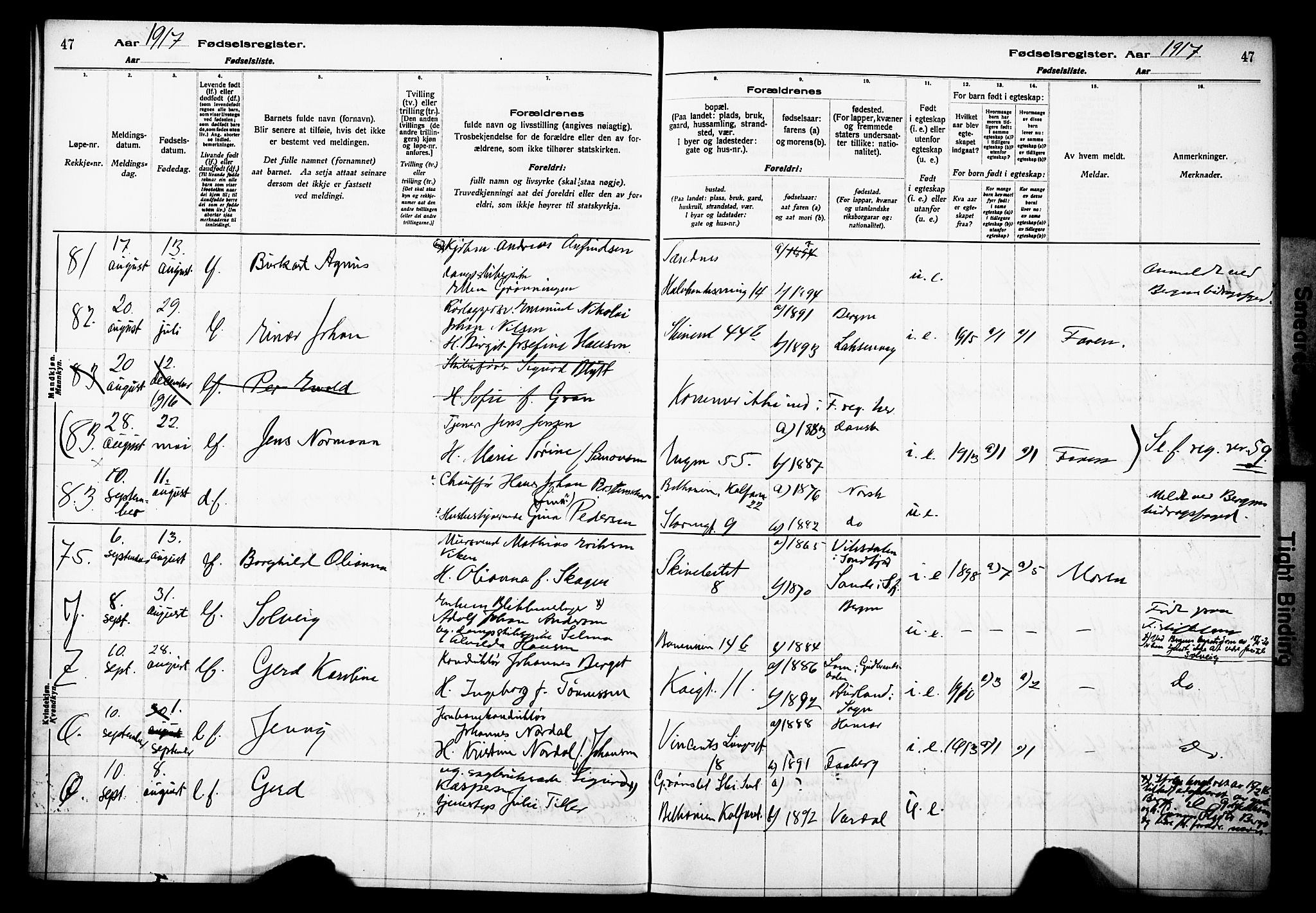Domkirken sokneprestembete, AV/SAB-A-74801/I/Id/L00A1: Fødselsregister nr. A 1, 1916-1923, s. 47