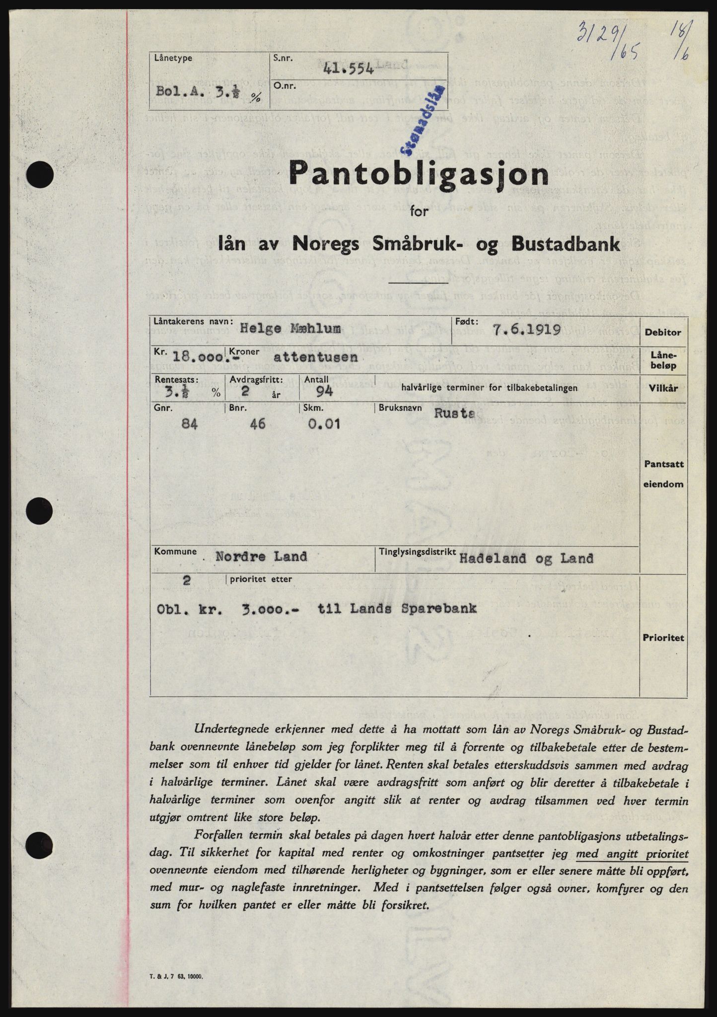 Hadeland og Land tingrett, SAH/TING-010/H/Hb/Hbc/L0059: Pantebok nr. B59, 1965-1965, Dagboknr: 3129/1965