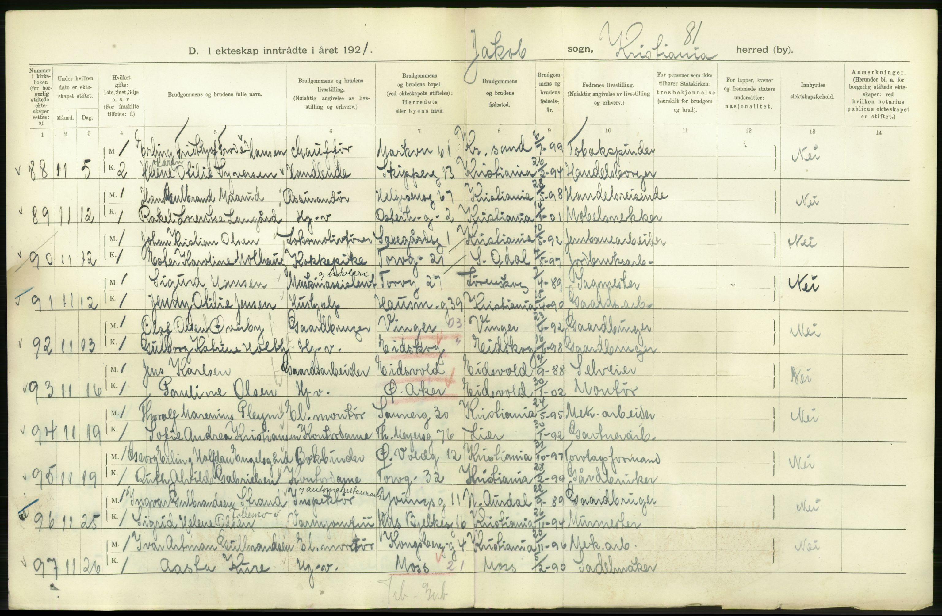 Statistisk sentralbyrå, Sosiodemografiske emner, Befolkning, AV/RA-S-2228/D/Df/Dfc/Dfca/L0011: Kristiania: Gifte, 1921, s. 600