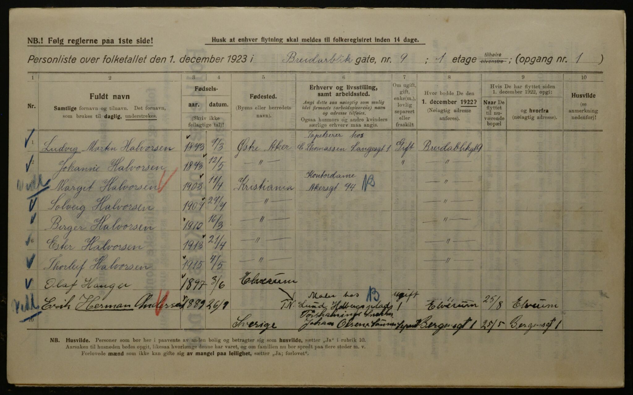 OBA, Kommunal folketelling 1.12.1923 for Kristiania, 1923, s. 9231