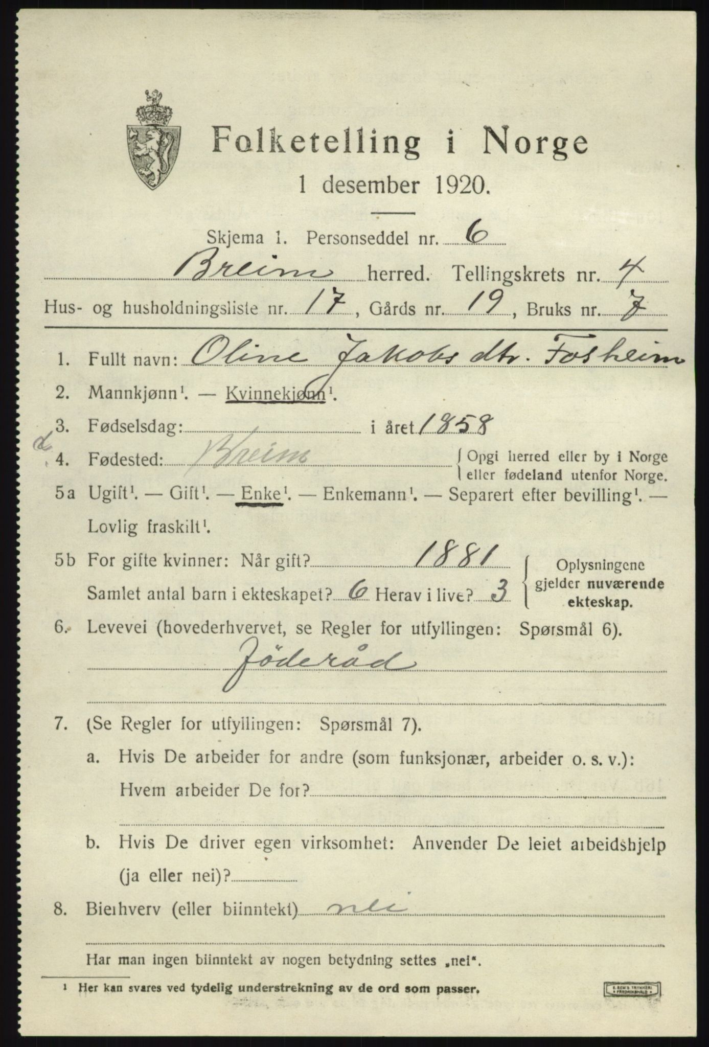SAB, Folketelling 1920 for 1446 Breim herred, 1920, s. 2709