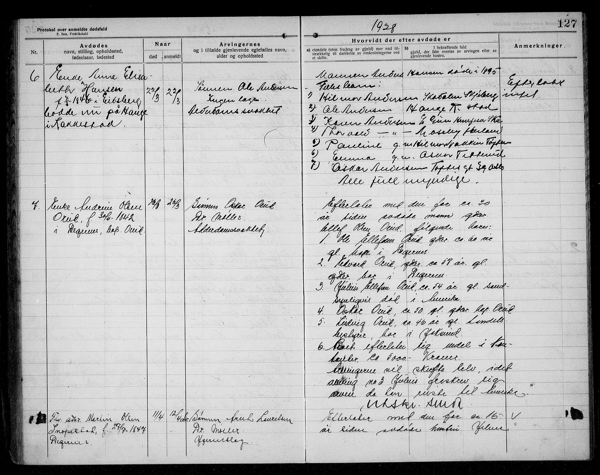 Rakkestad lensmannskontor, AV/SAO-A-10004/H/Ha/Haa/L0004: Dødsanmeldelsesprotokoll, 1920-1931, s. 127