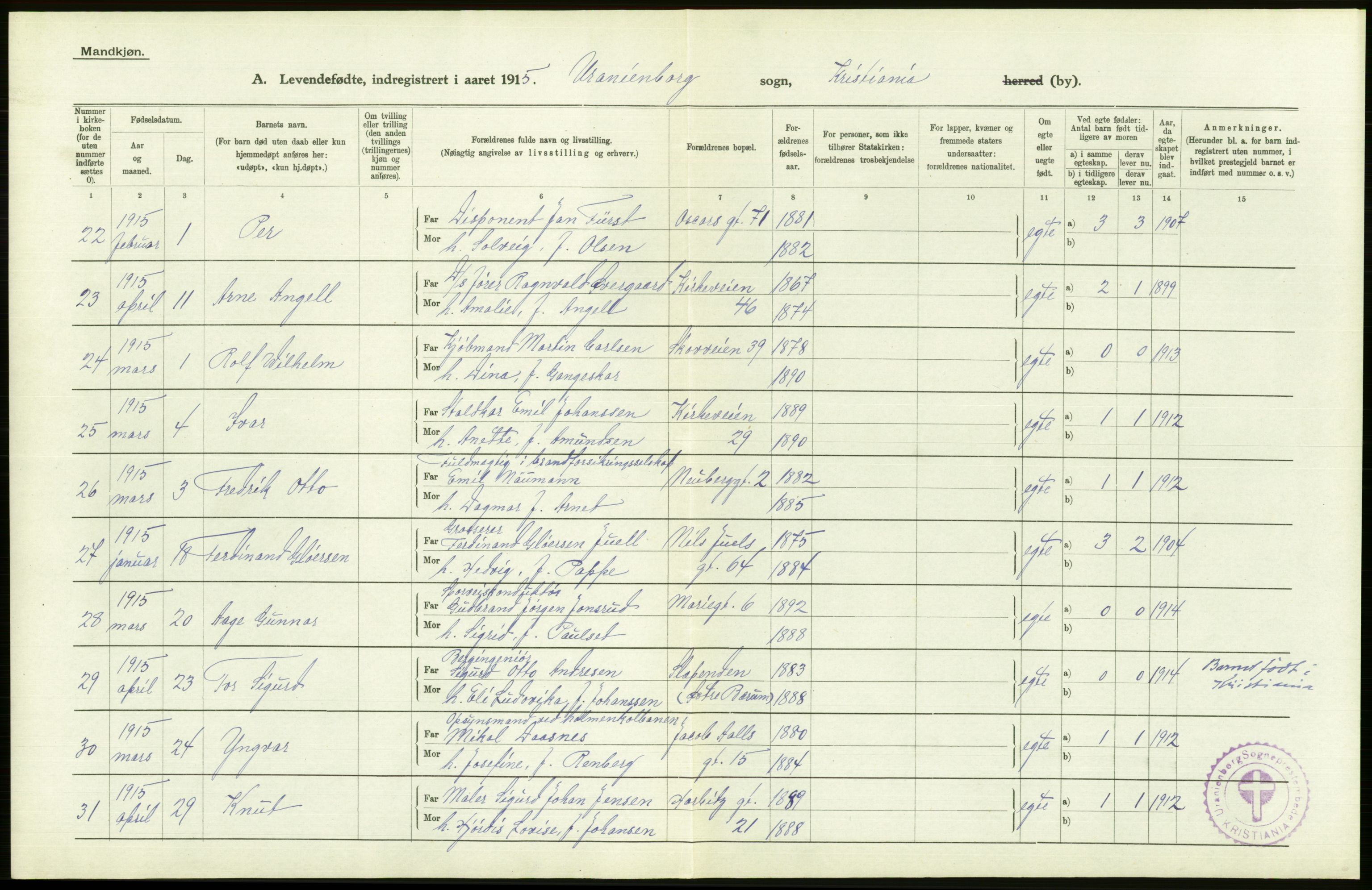 Statistisk sentralbyrå, Sosiodemografiske emner, Befolkning, AV/RA-S-2228/D/Df/Dfb/Dfbe/L0007: Kristiania: Levendefødte menn og kvinner., 1915, s. 518