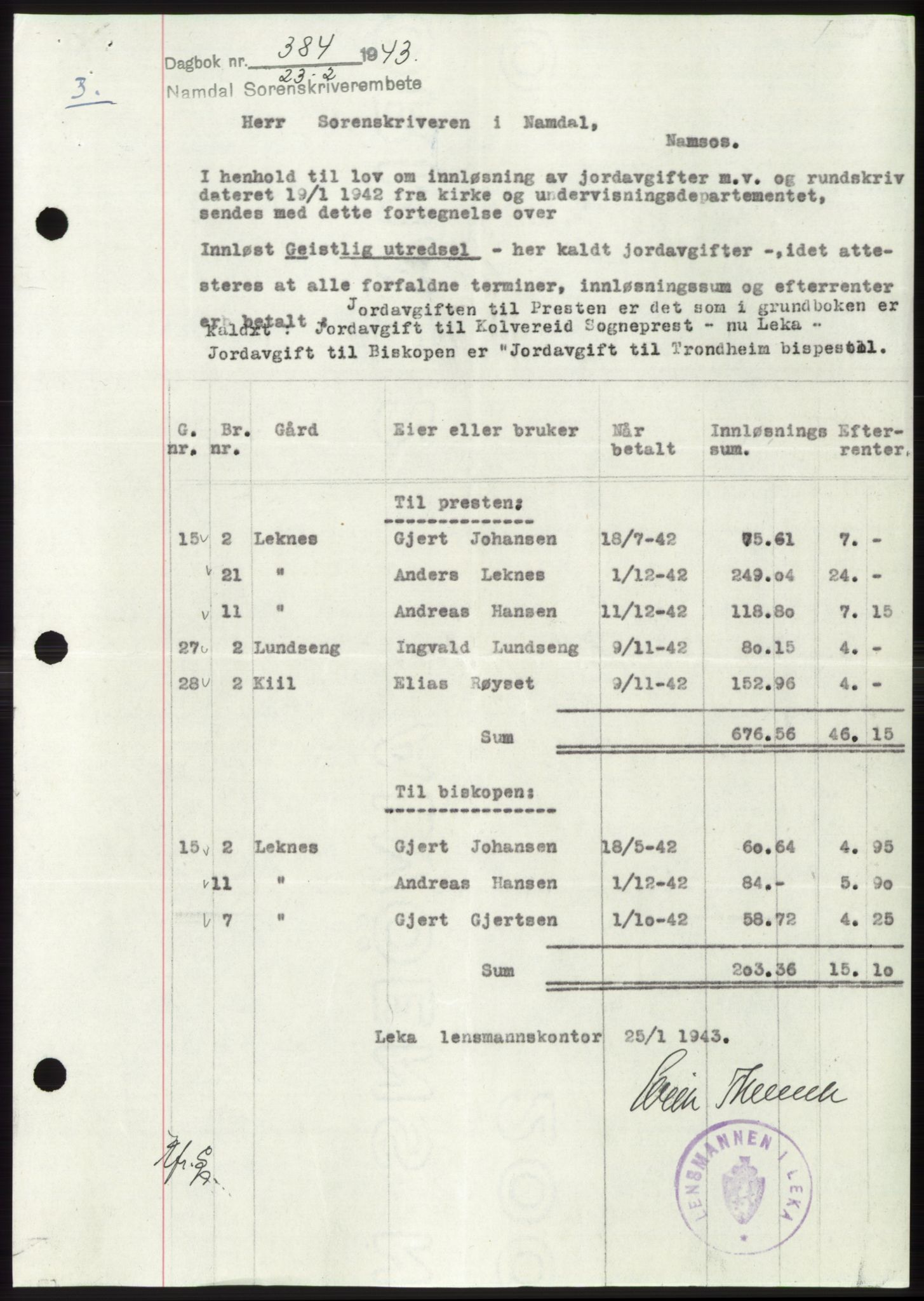 Namdal sorenskriveri, SAT/A-4133/1/2/2C: Pantebok nr. -, 1942-1943, Dagboknr: 384/1943