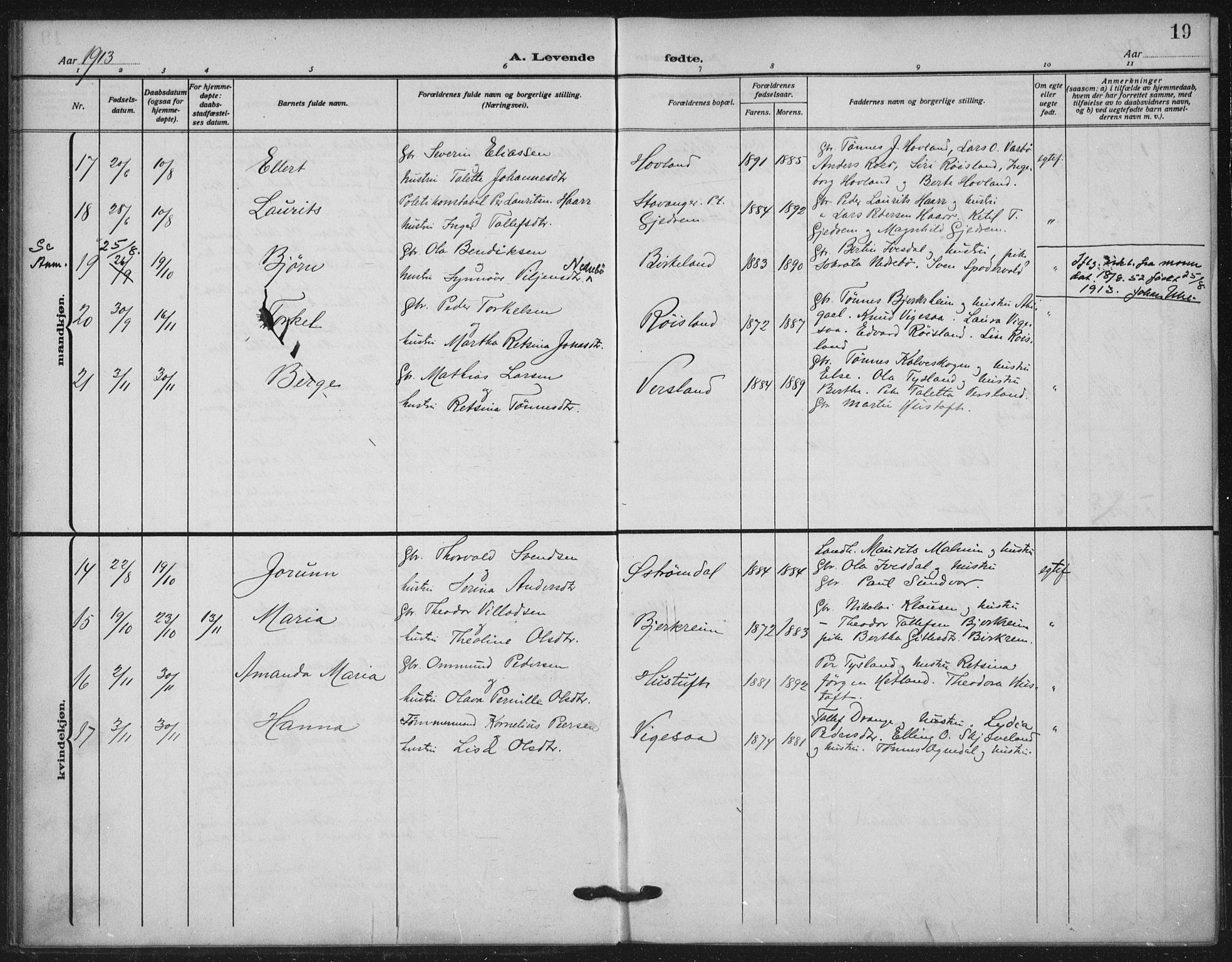 Helleland sokneprestkontor, AV/SAST-A-101810: Ministerialbok nr. A 11, 1909-1922, s. 19