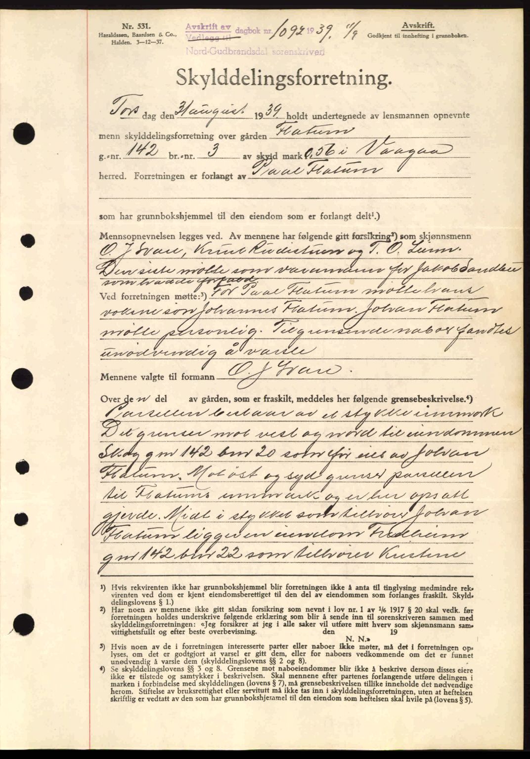 Nord-Gudbrandsdal tingrett, SAH/TING-002/H/Hb/Hbb/L0005: Pantebok nr. FA5, 1939-1940, Dagboknr: 1092/1939