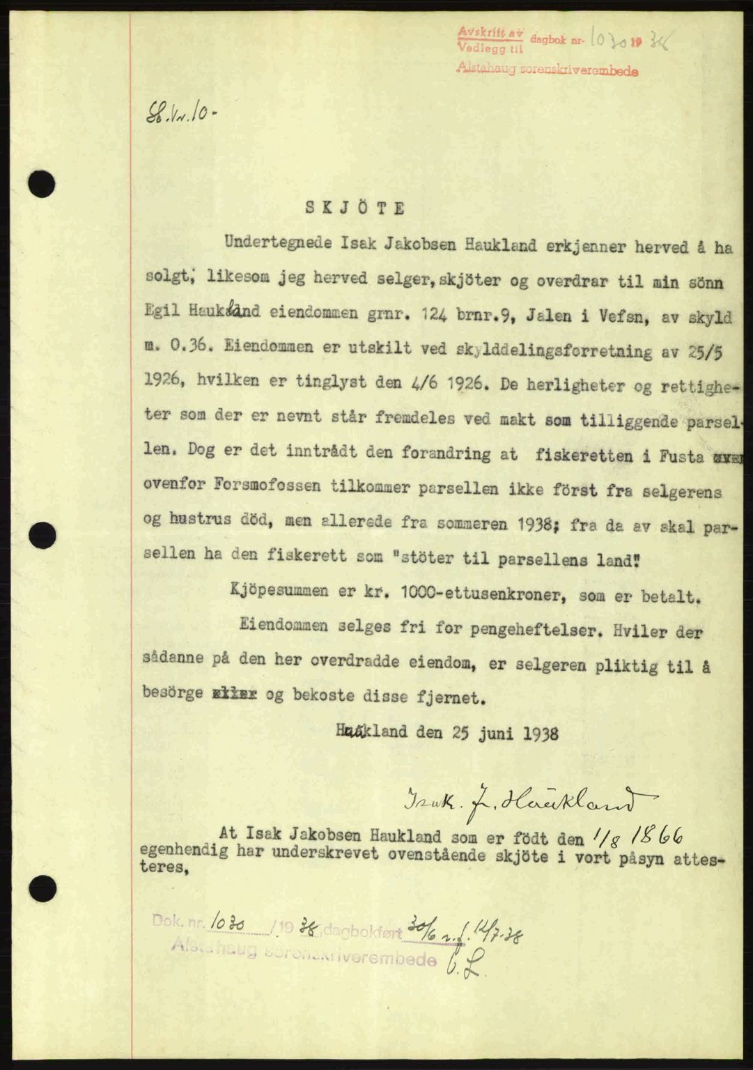 Alstahaug sorenskriveri, SAT/A-1009: Pantebok nr. A3, 1937-1938, Dagboknr: 1030/1938