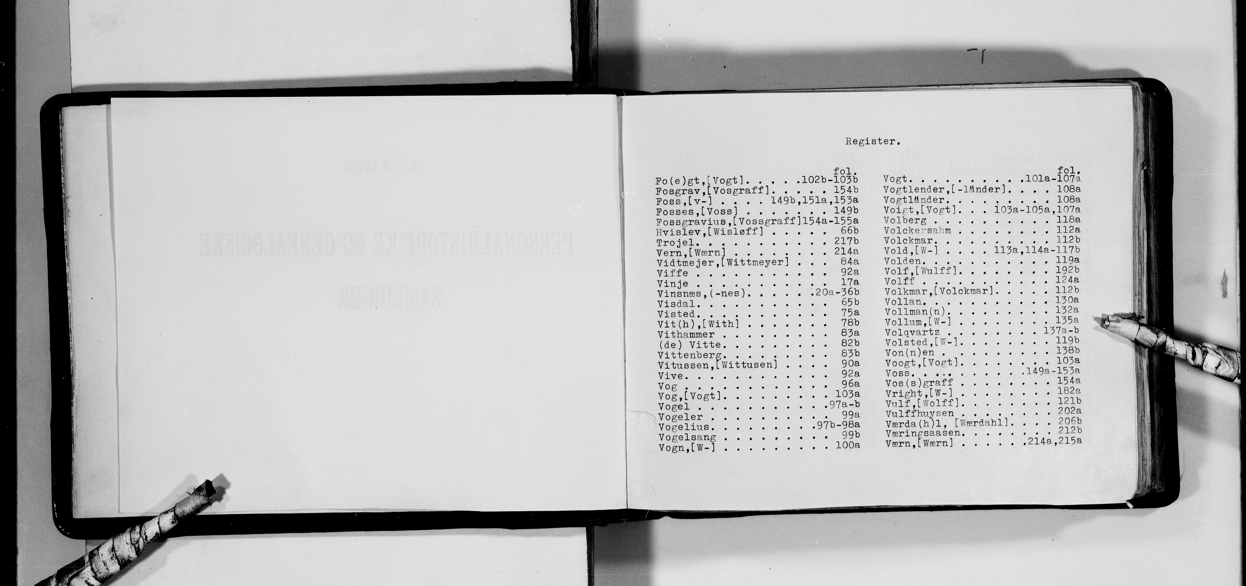 Lassens samlinger, AV/RA-PA-0051/F/Fa/L0047: Personalhistoriske og genealogiske opptegnelser: Winge - Wølner, 1500-1907