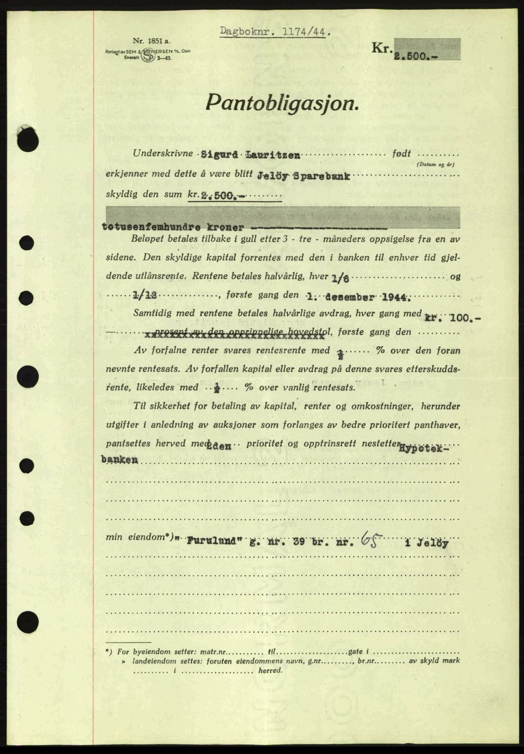 Moss sorenskriveri, SAO/A-10168: Pantebok nr. B13, 1943-1945, Dagboknr: 1174/1944