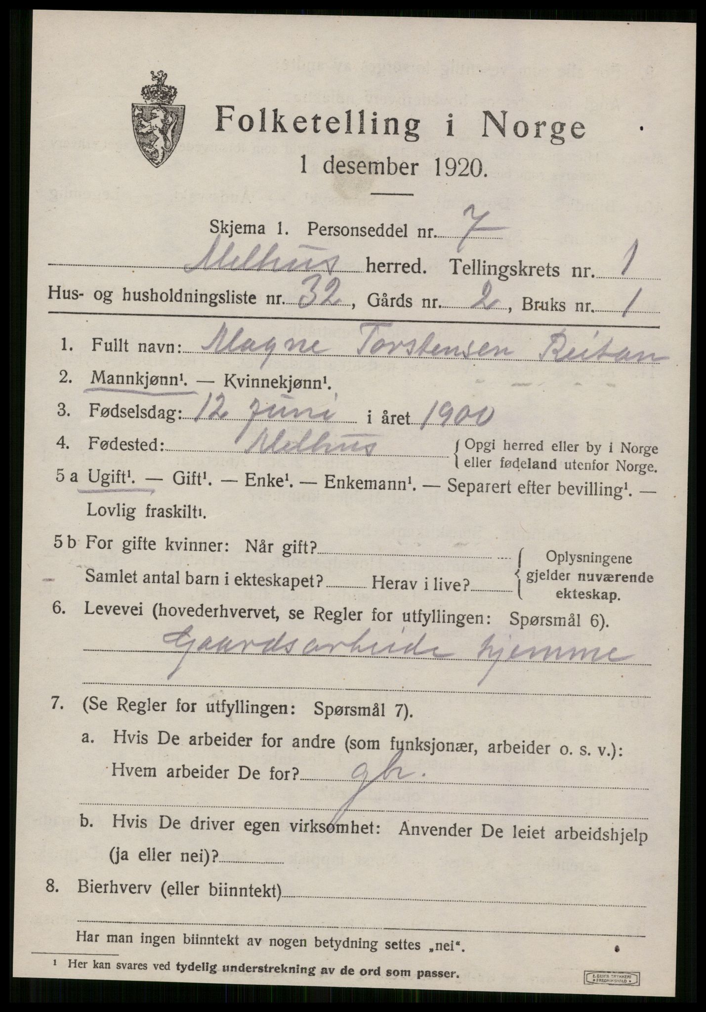 SAT, Folketelling 1920 for 1653 Melhus herred, 1920, s. 1365