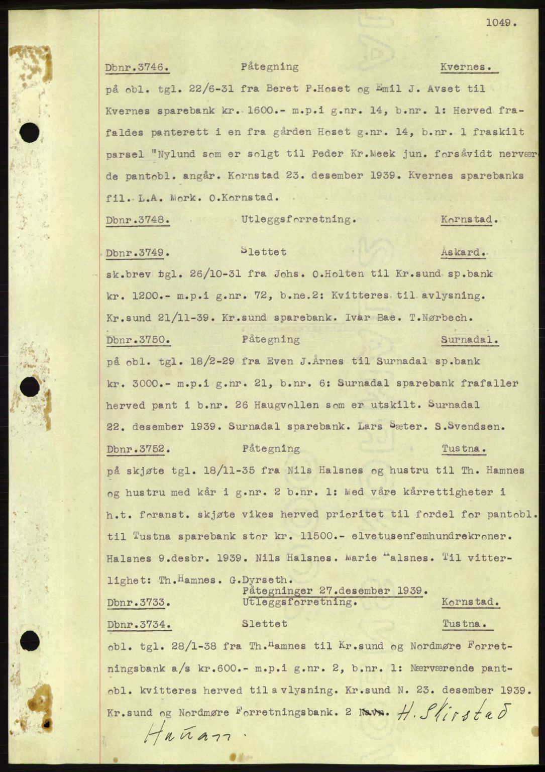 Nordmøre sorenskriveri, SAT/A-4132/1/2/2Ca: Pantebok nr. C80, 1936-1939, Dagboknr: 3746/1939