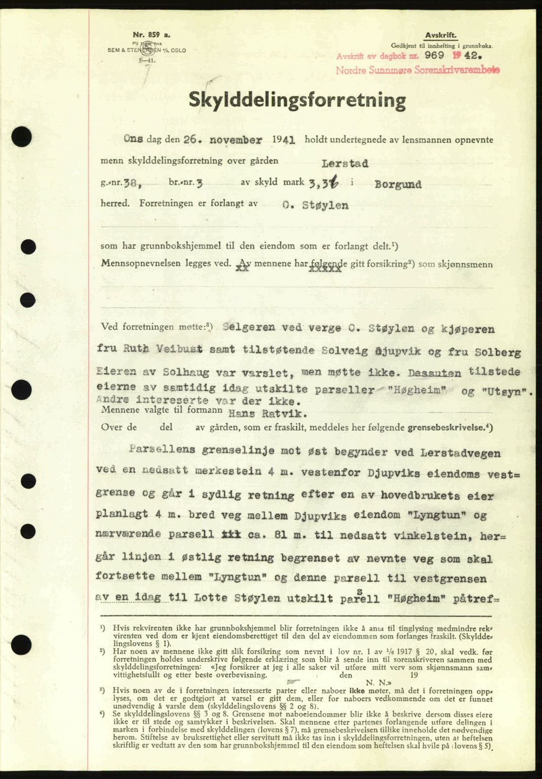 Nordre Sunnmøre sorenskriveri, AV/SAT-A-0006/1/2/2C/2Ca: Pantebok nr. A13, 1942-1942, Dagboknr: 969/1942