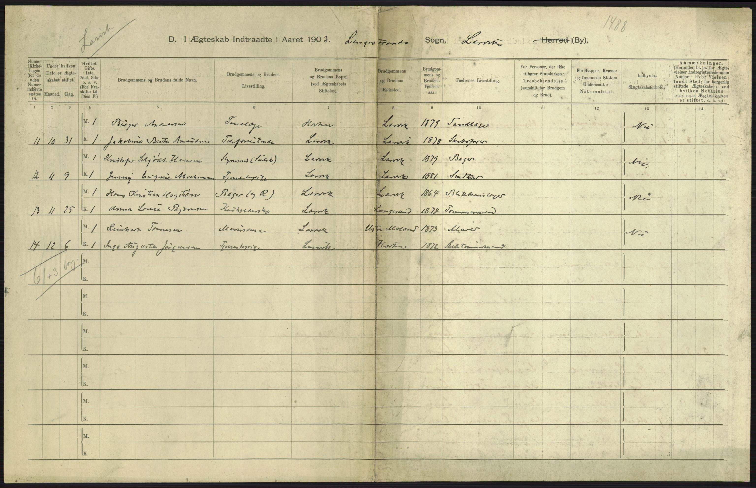 Statistisk sentralbyrå, Sosiodemografiske emner, Befolkning, AV/RA-S-2228/D/Df/Dfa/Dfaa/L0008: Jarlsberg og Larvik amt: Fødte, gifte, døde, 1903, s. 479