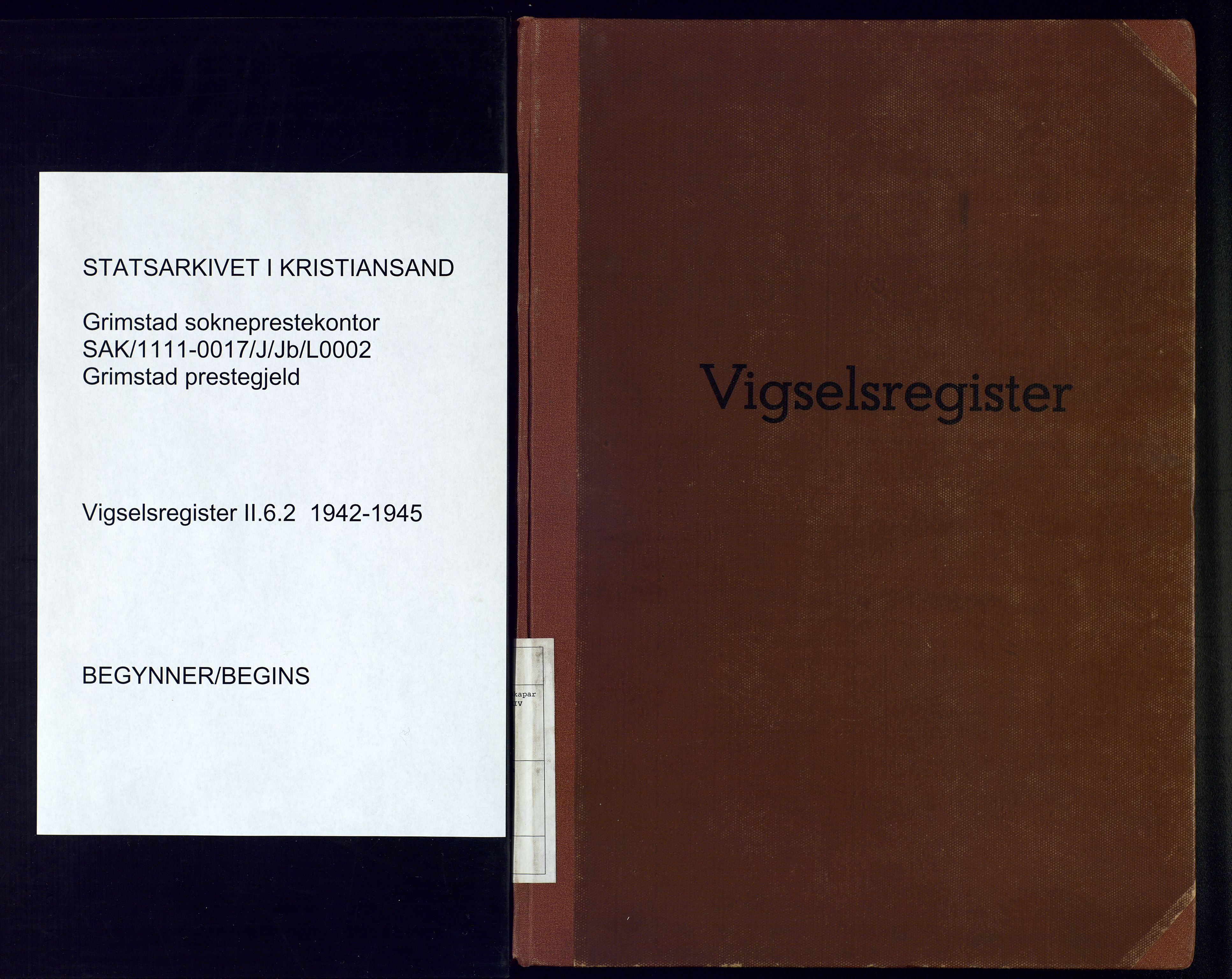 Grimstad sokneprestkontor, SAK/1111-0017/J/Jb/L0002: Vigselsregister nr. II.6.2, 1942-1945