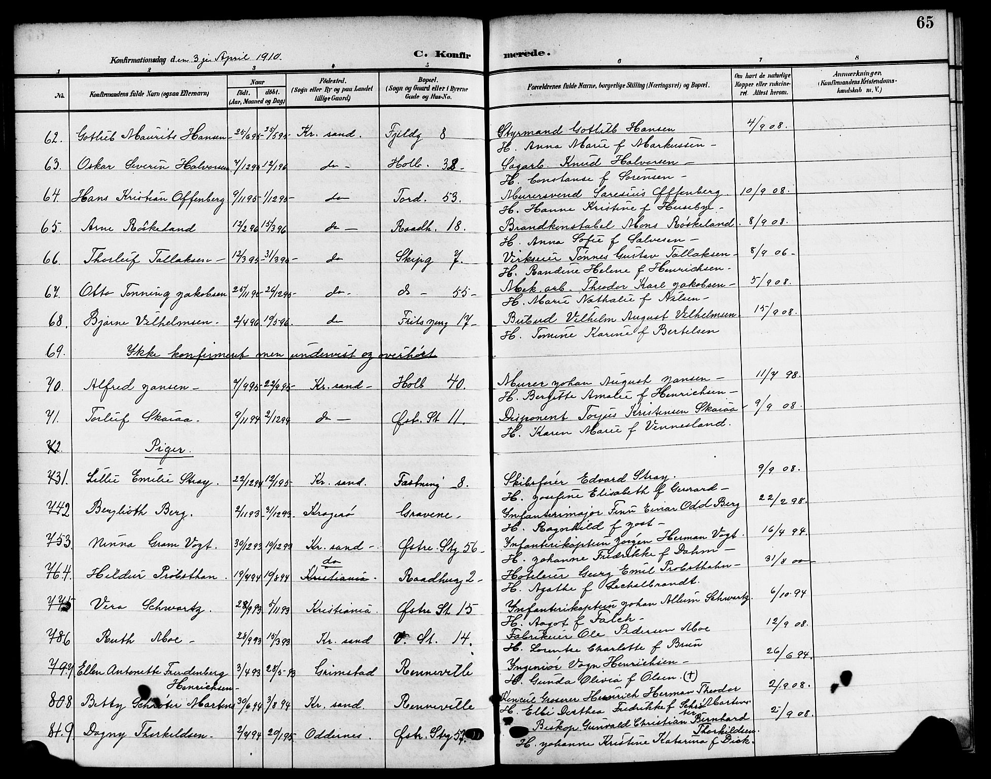 Kristiansand domprosti, AV/SAK-1112-0006/F/Fb/L0020: Klokkerbok nr. B 20, 1906-1915, s. 65