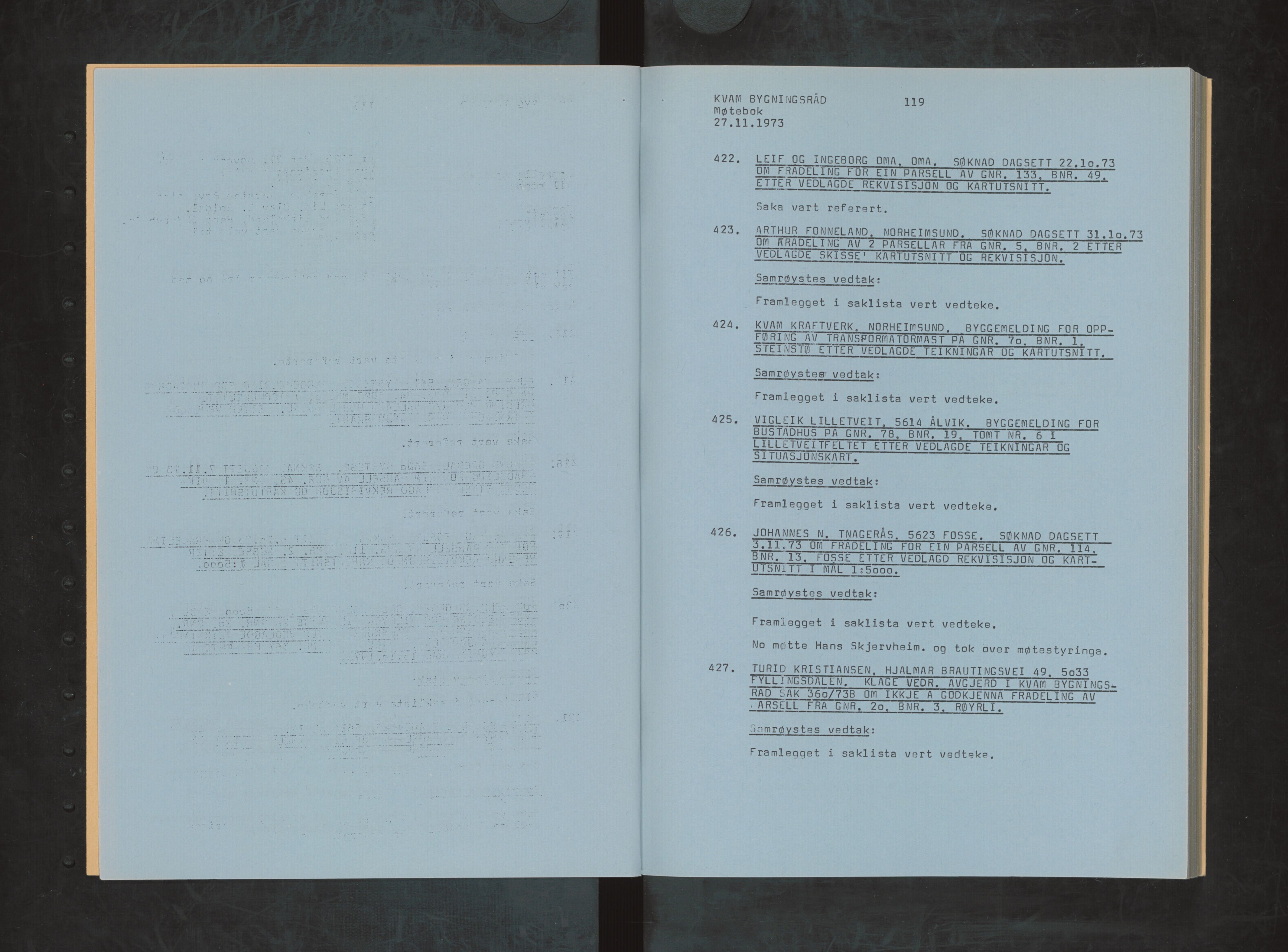 Kvam herad. Bygningsrådet, IKAH/1238-511/A/Ab/L0035: Utskrift av møtebok for Kvam bygningsråd, 1973