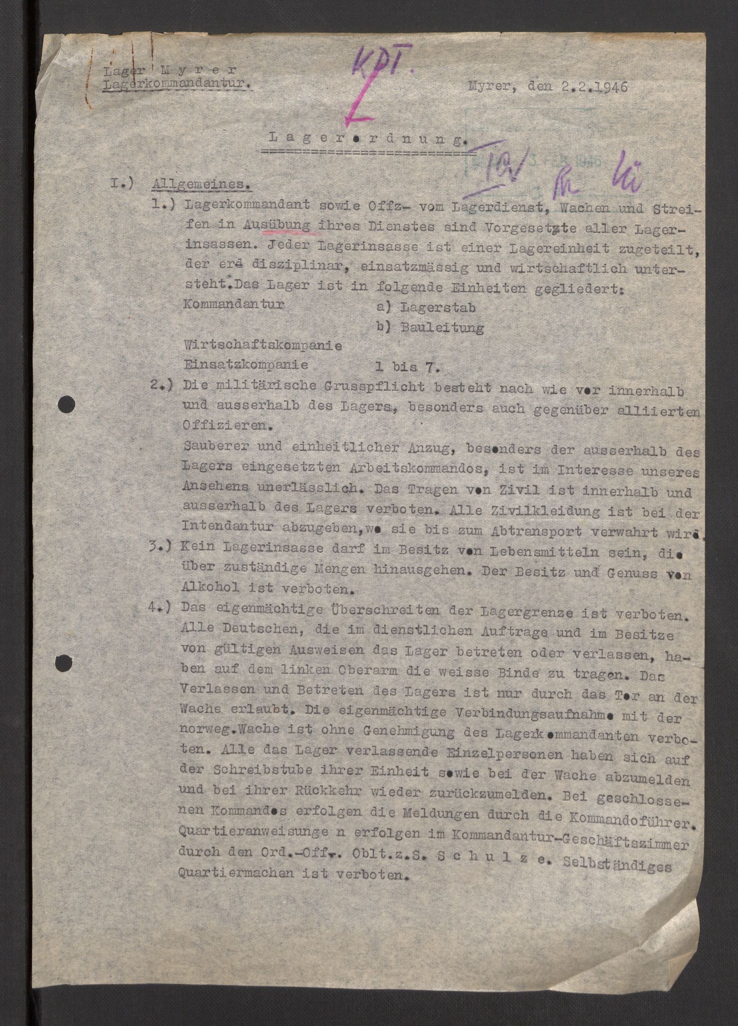 Deutscher Oberbefehlshaber Norwegen (DOBN), AV/RA-RAFA-2197/D/Dja/L0070/0001: DBO Abt. 1a / Lagerordnungen, 1946