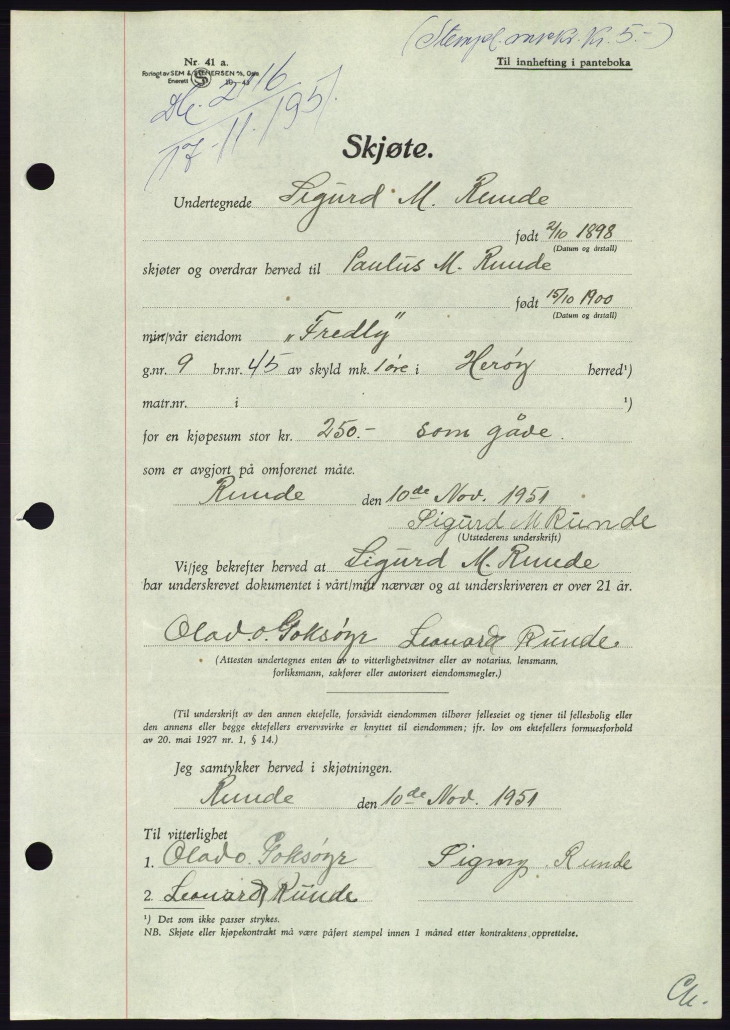 Søre Sunnmøre sorenskriveri, AV/SAT-A-4122/1/2/2C/L0090: Pantebok nr. 16A, 1951-1951, Dagboknr: 2116/1951